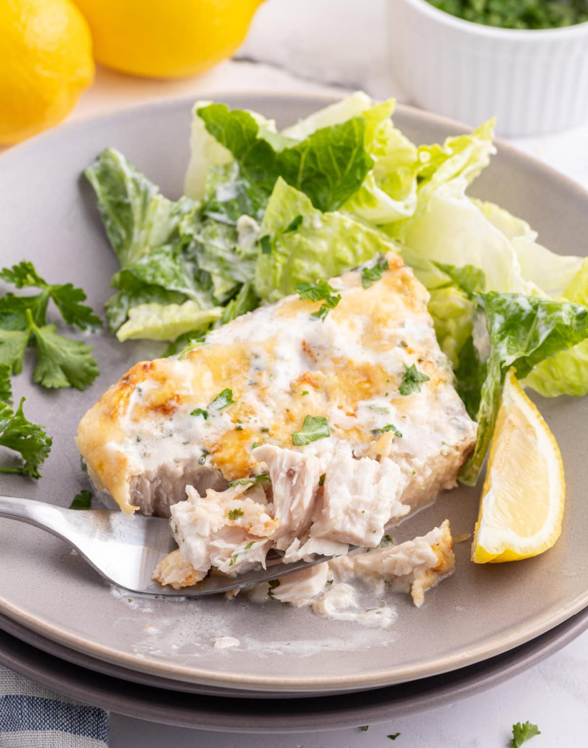 Swordfish parmesan with a golden, savory topping. An easy, fresh seafood dinner ready in under 30 minutes! fork broken open serving of swordfish parmesan to see the inside