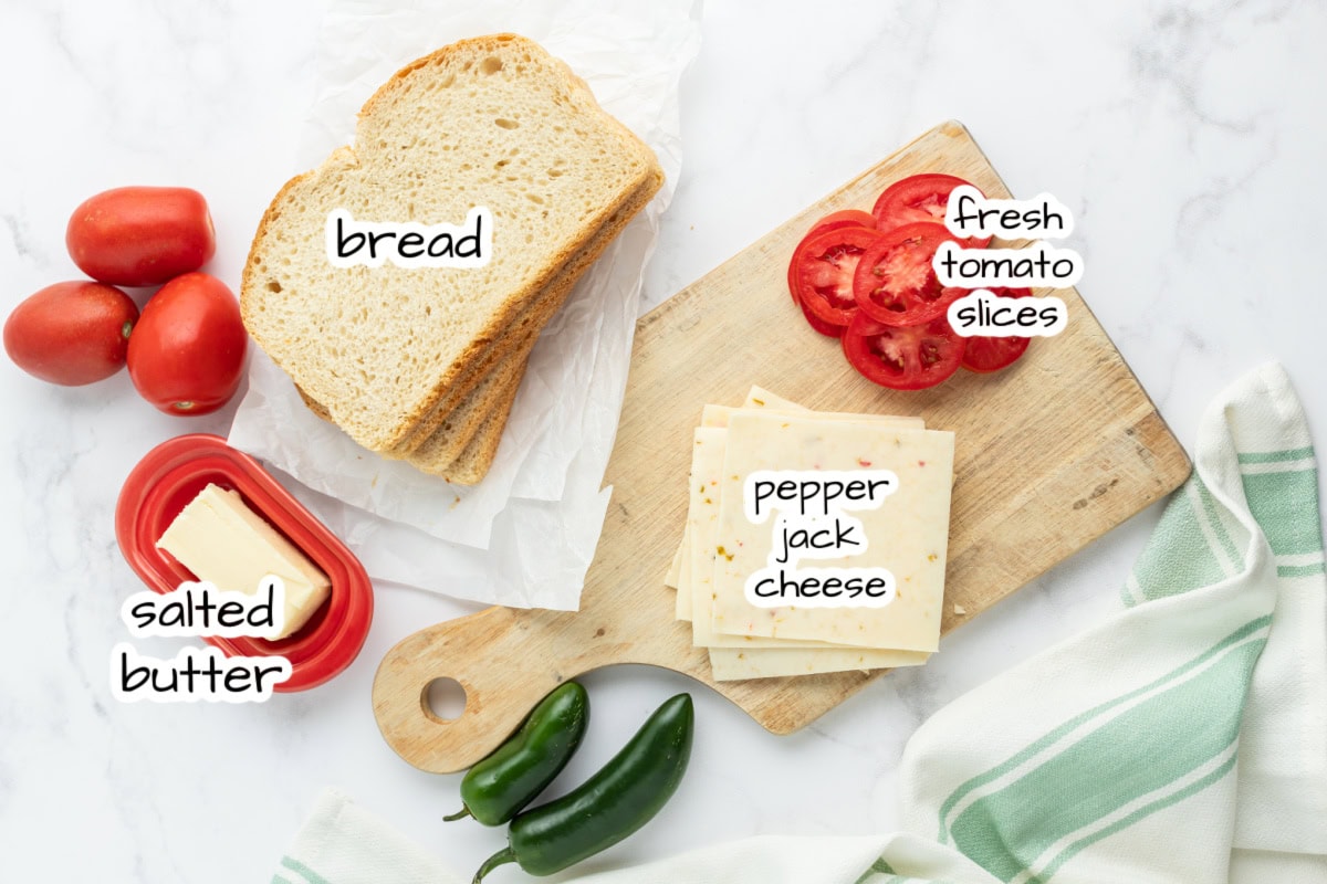 ingredients displayed for making tomato grilled cheese