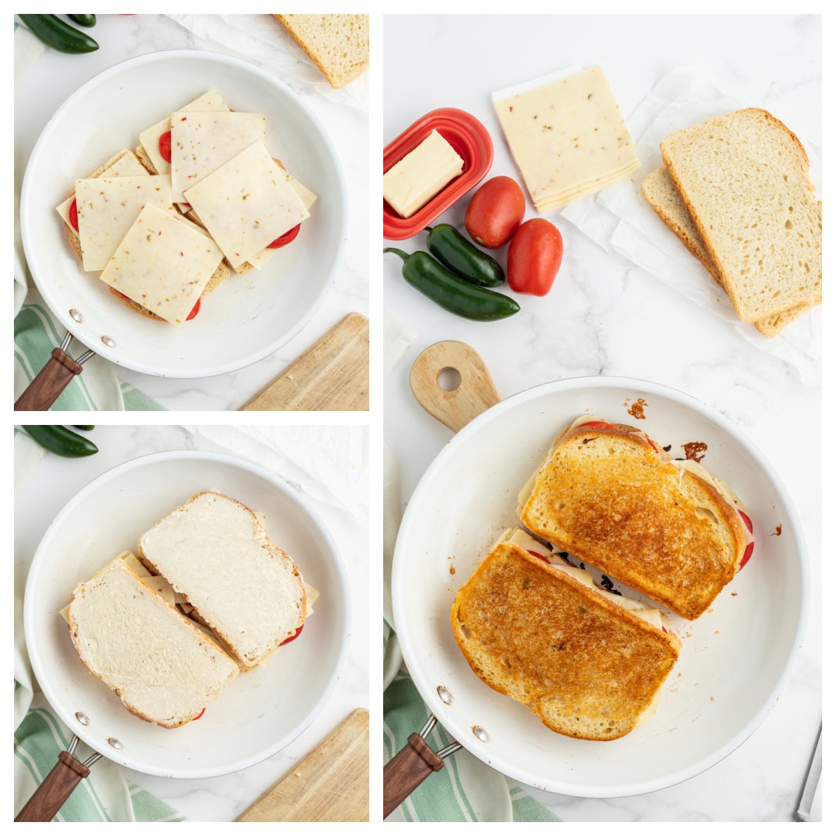 four photos showing how to make a tomato grilled cheese sandwich