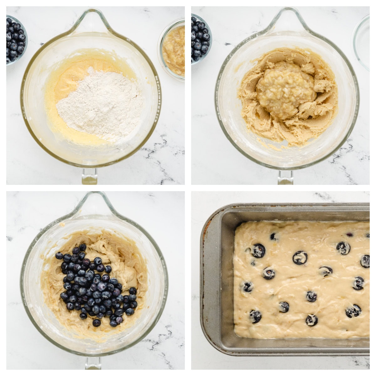 This Blueberry Banana Bread is soft, moist and bursting with juicy blueberries and sweet ripe bananas! It's an easy homemade quick bread that's perfect for breakfast, brunch, snacks or freezing for later. Save this delicious loaf recipe! 🍌🫐 #bananabread #blueberrybananabread #quickbread #breakfastrecipes #homemadebread four photos showing how to make blueberry banana bread