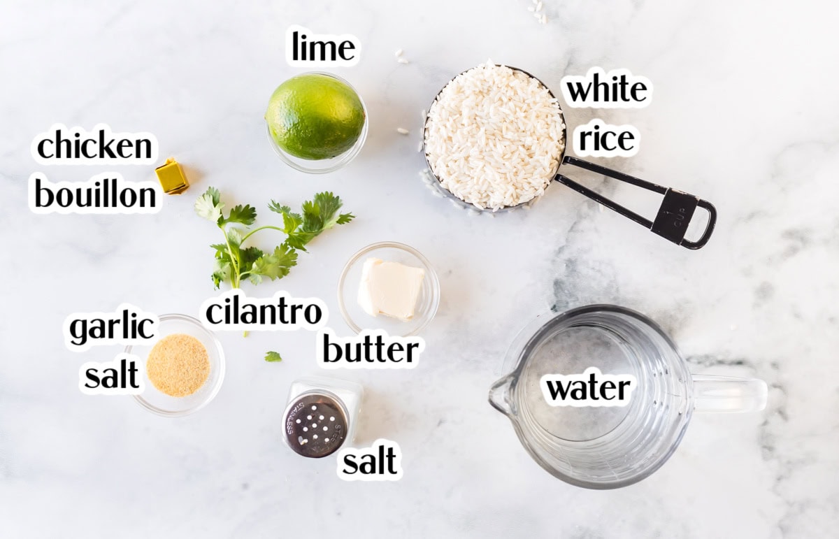 This easy Lime and Cilantro Rice is packed with fresh lime juice, lime zest, cilantro and savory seasonings for incredible flavor. Perfect for tacos, burrito bowls, enchiladas, fajitas and more. Save this restaurant-style rice recipe for your next Mexican dinner night! #cilantrolimerice #mexicanrecipes #rice #sidedish #taconight ingredients displayed for making lime and cilantro rice