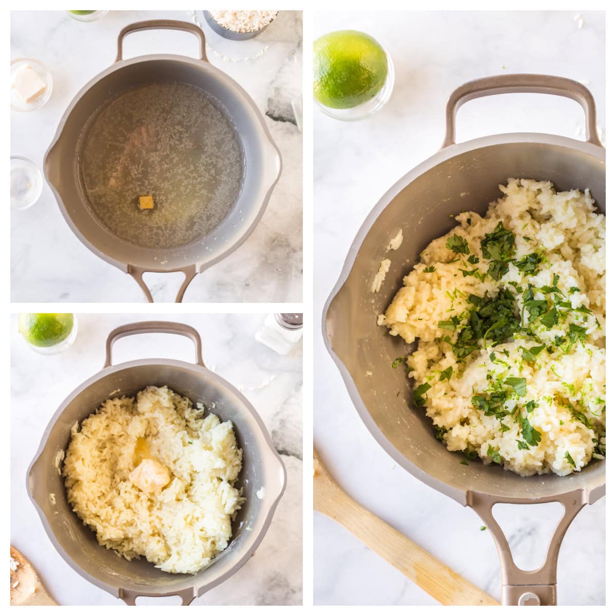 This easy Lime and Cilantro Rice is packed with fresh lime juice, lime zest, cilantro and savory seasonings for incredible flavor. Perfect for tacos, burrito bowls, enchiladas, fajitas and more. Save this restaurant-style rice recipe for your next Mexican dinner night! #cilantrolimerice #mexicanrecipes #rice #sidedish #taconight three photos showing how to make lime and cilantro rice