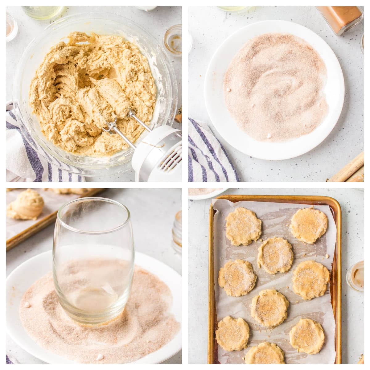 four photos showing how to make sugar and cinnamon cookies