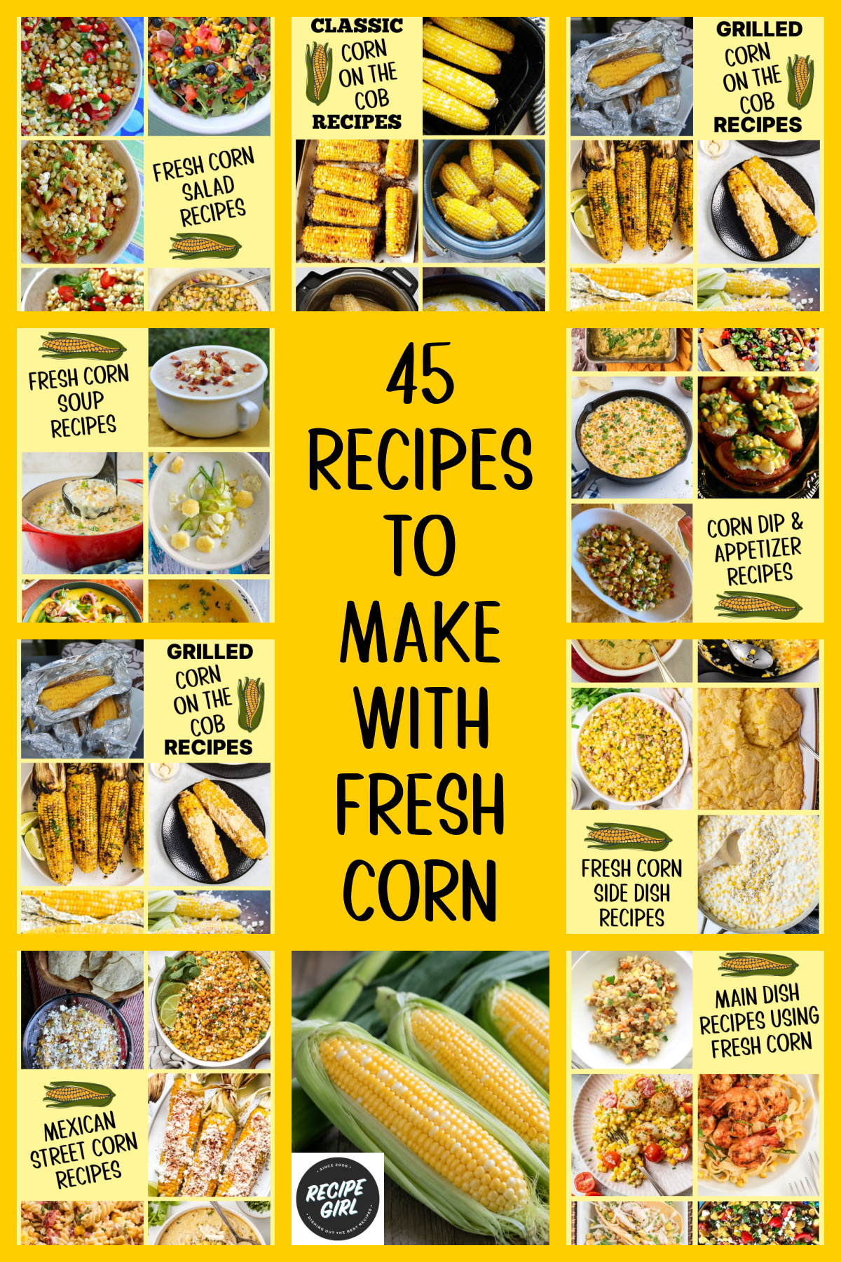 Looking for the best fresh corn recipes? This collection of 45 easy recipes using fresh corn and corn on the cob includes salads, casseroles, soups, side dishes, appetizers, grilled corn, pasta, and more. Whether you're using sweet summer corn from the farmers market or fresh-picked corn on the cob, you'll find plenty of delicious ideas for every meal! collage of fresh corn recipes