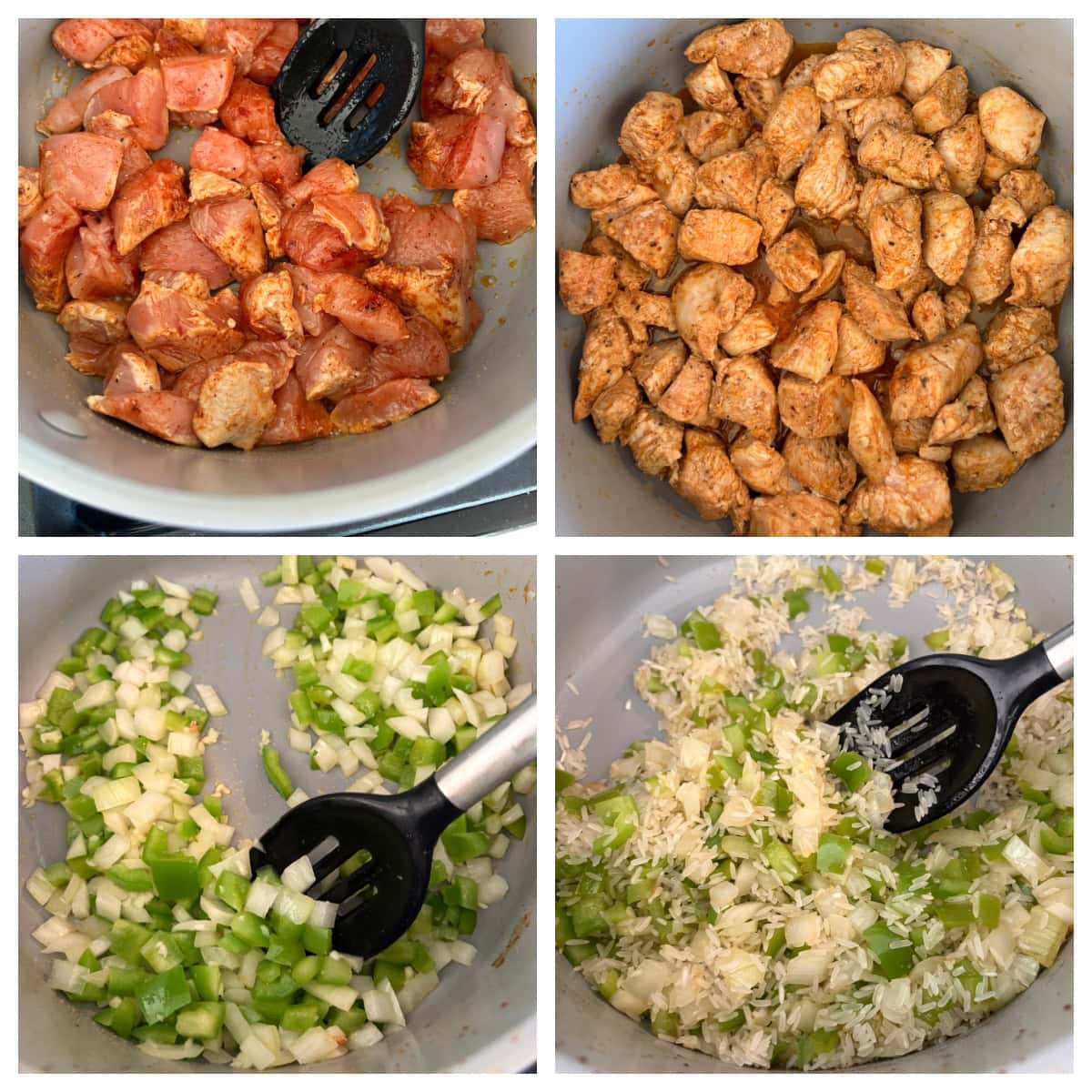 This easy Arroz con Pollo is a flavorful one-pan chicken and rice dinner that's ready in only 45 minutes! Made with juicy chicken, rice, tomatoes and peppers, it's the perfect family-friendly weeknight meal. four photos showing making of arroz con pollo
