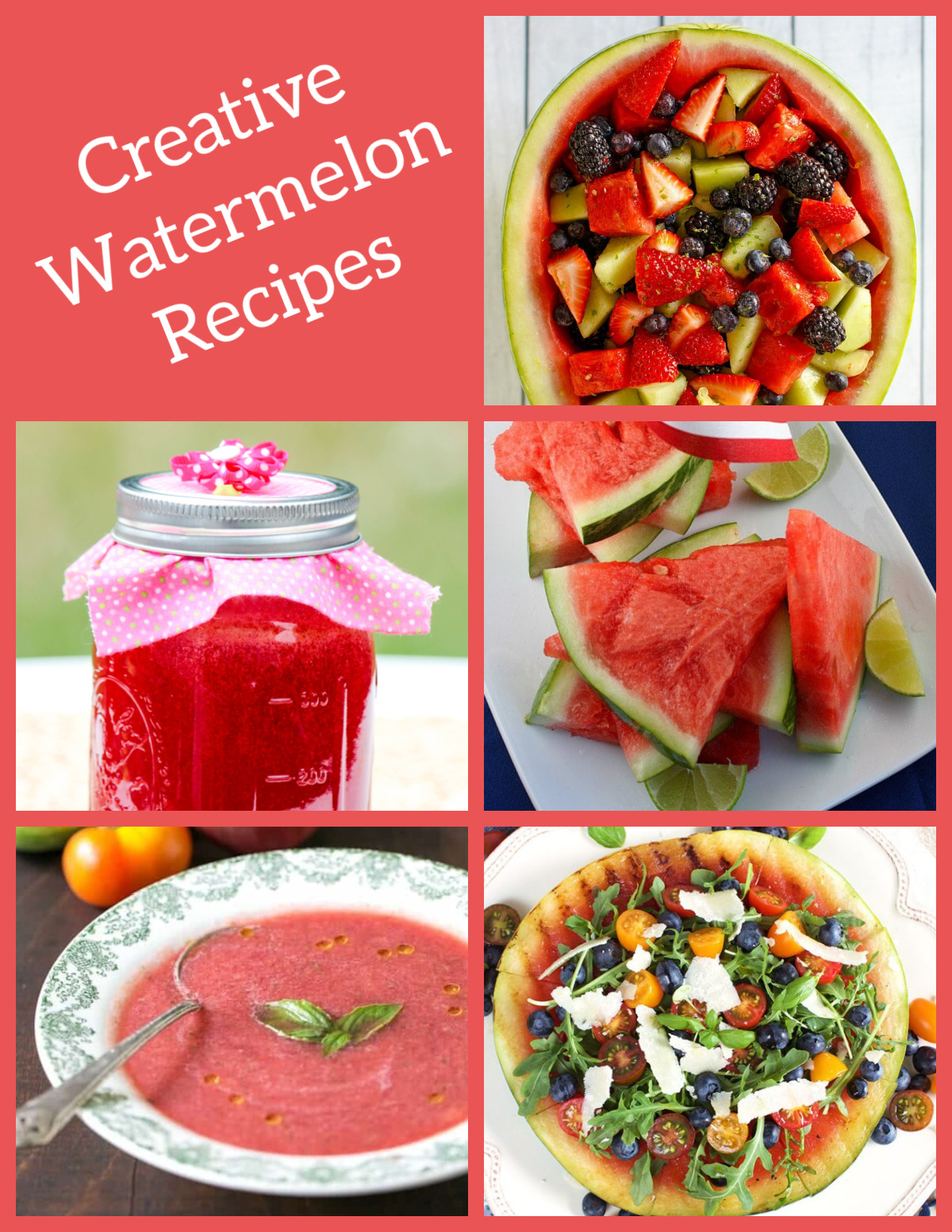 Looking for the best watermelon recipes? 🍉 This collection includes 30 easy watermelon recipes featuring refreshing salads, kid-friendly drinks, frozen treats, summer cocktails, appetizers and creative desserts. Perfect for BBQs, pool parties, picnics and hot summer days! Save this roundup for watermelon season! #watermelon #summerrecipes #watermelonsalad #summerdrinks #bbqrecipes #dessertrecipes #fruitrecipes collage of creative watermelon recipes