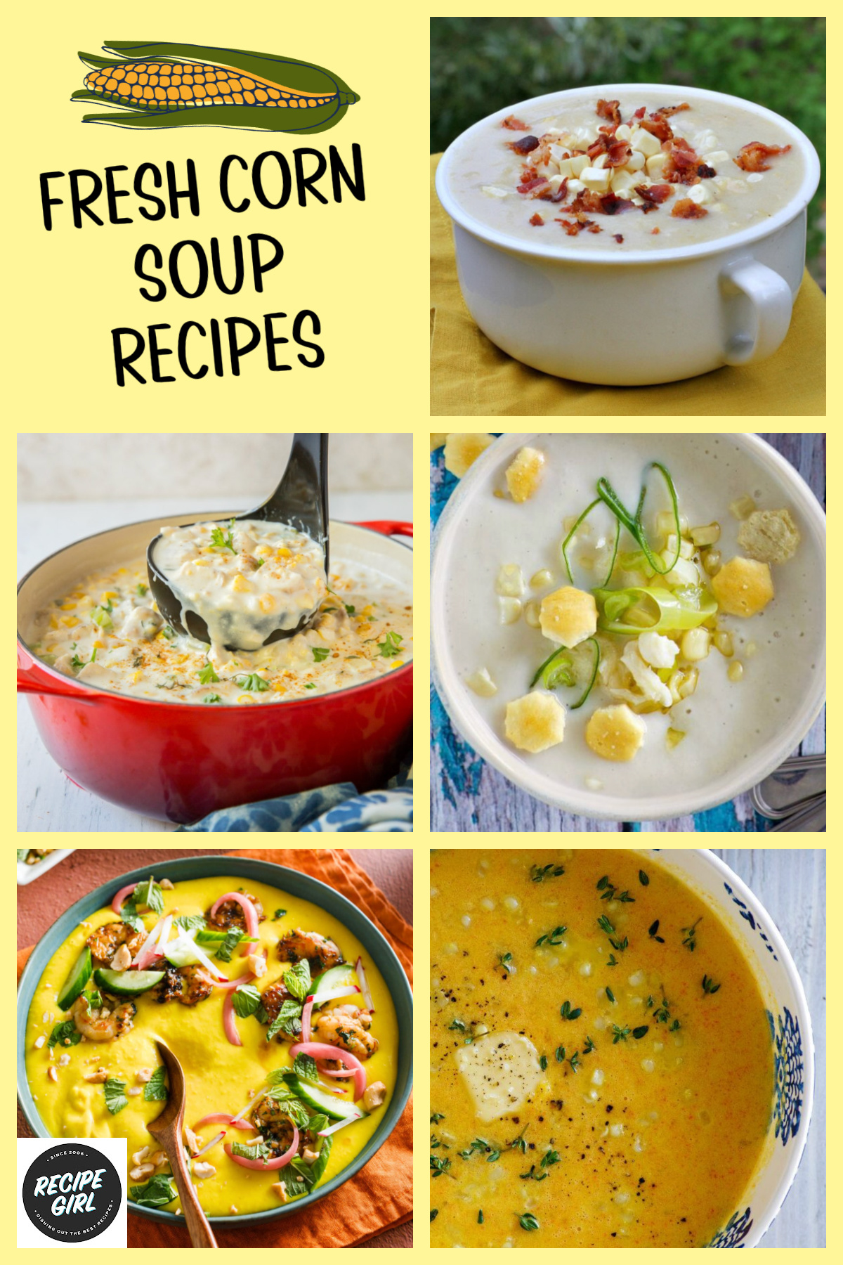 Looking for the best fresh corn recipes? This collection of 45 easy recipes using fresh corn and corn on the cob includes salads, casseroles, soups, side dishes, appetizers, grilled corn, pasta, and more. Whether you're using sweet summer corn from the farmers market or fresh-picked corn on the cob, you'll find plenty of delicious ideas for every meal! collage of fresh corn soup recipes