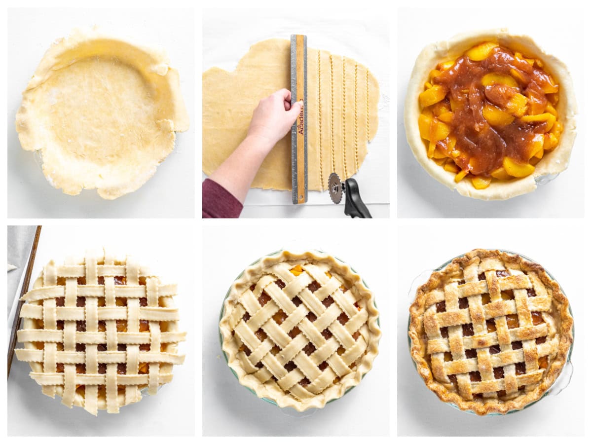 This Fresh Peach Pie Recipe is everything summer baking should be! 🍑 Made with juicy ripe peaches, a flaky homemade butter crust and a gorgeous lattice top, this classic pie is perfect for holidays, BBQs and family gatherings. Save this recipe for peach season! #peachpie #freshpeaches #summerdesserts #pierecipe #homemadepie six photos showing process of assembling fresh peach pie