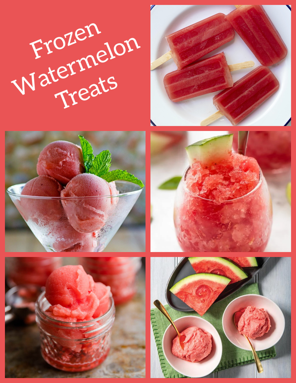 Looking for the best watermelon recipes? 🍉 This collection includes 30 easy watermelon recipes featuring refreshing salads, kid-friendly drinks, frozen treats, summer cocktails, appetizers and creative desserts. Perfect for BBQs, pool parties, picnics and hot summer days! Save this roundup for watermelon season! #watermelon #summerrecipes #watermelonsalad #summerdrinks #bbqrecipes #dessertrecipes #fruitrecipes collage of frozen watermelon treats