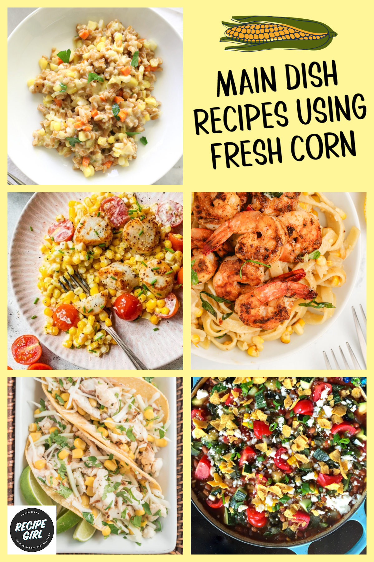 Looking for the best fresh corn recipes? This collection of 45 easy recipes using fresh corn and corn on the cob includes salads, casseroles, soups, side dishes, appetizers, grilled corn, pasta, and more. Whether you're using sweet summer corn from the farmers market or fresh-picked corn on the cob, you'll find plenty of delicious ideas for every meal! collage of main dish recipes using fresh corn