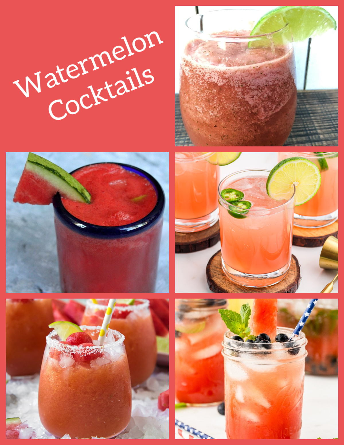 Looking for the best watermelon recipes? 🍉 This collection includes 30 easy watermelon recipes featuring refreshing salads, kid-friendly drinks, frozen treats, summer cocktails, appetizers and creative desserts. Perfect for BBQs, pool parties, picnics and hot summer days! Save this roundup for watermelon season! #watermelon #summerrecipes #watermelonsalad #summerdrinks #bbqrecipes #dessertrecipes #fruitrecipes collage of watermelon cocktails
