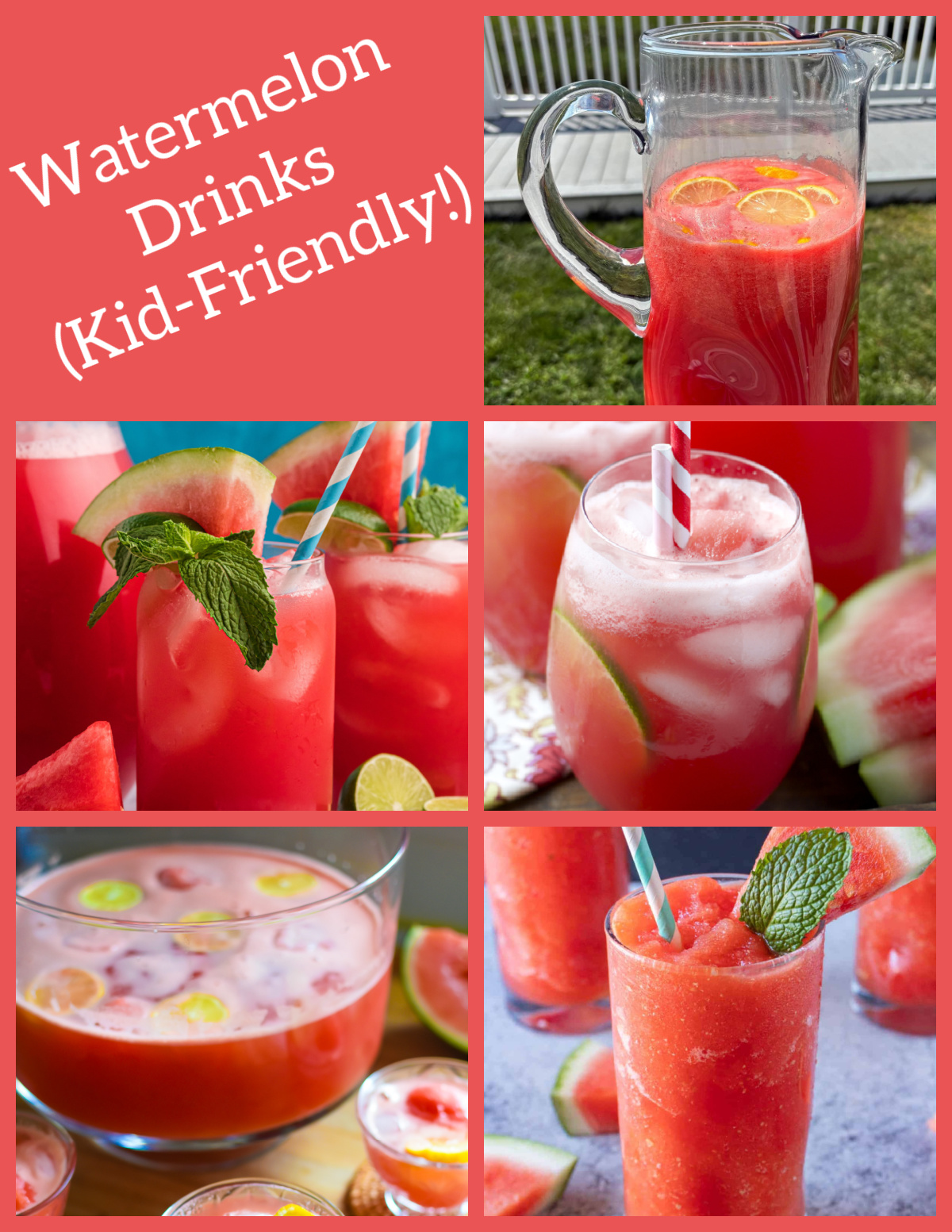 Looking for the best watermelon recipes? 🍉 This collection includes 30 easy watermelon recipes featuring refreshing salads, kid-friendly drinks, frozen treats, summer cocktails, appetizers and creative desserts. Perfect for BBQs, pool parties, picnics and hot summer days! Save this roundup for watermelon season! #watermelon #summerrecipes #watermelonsalad #summerdrinks #bbqrecipes #dessertrecipes #fruitrecipes collage of watermelon drinks