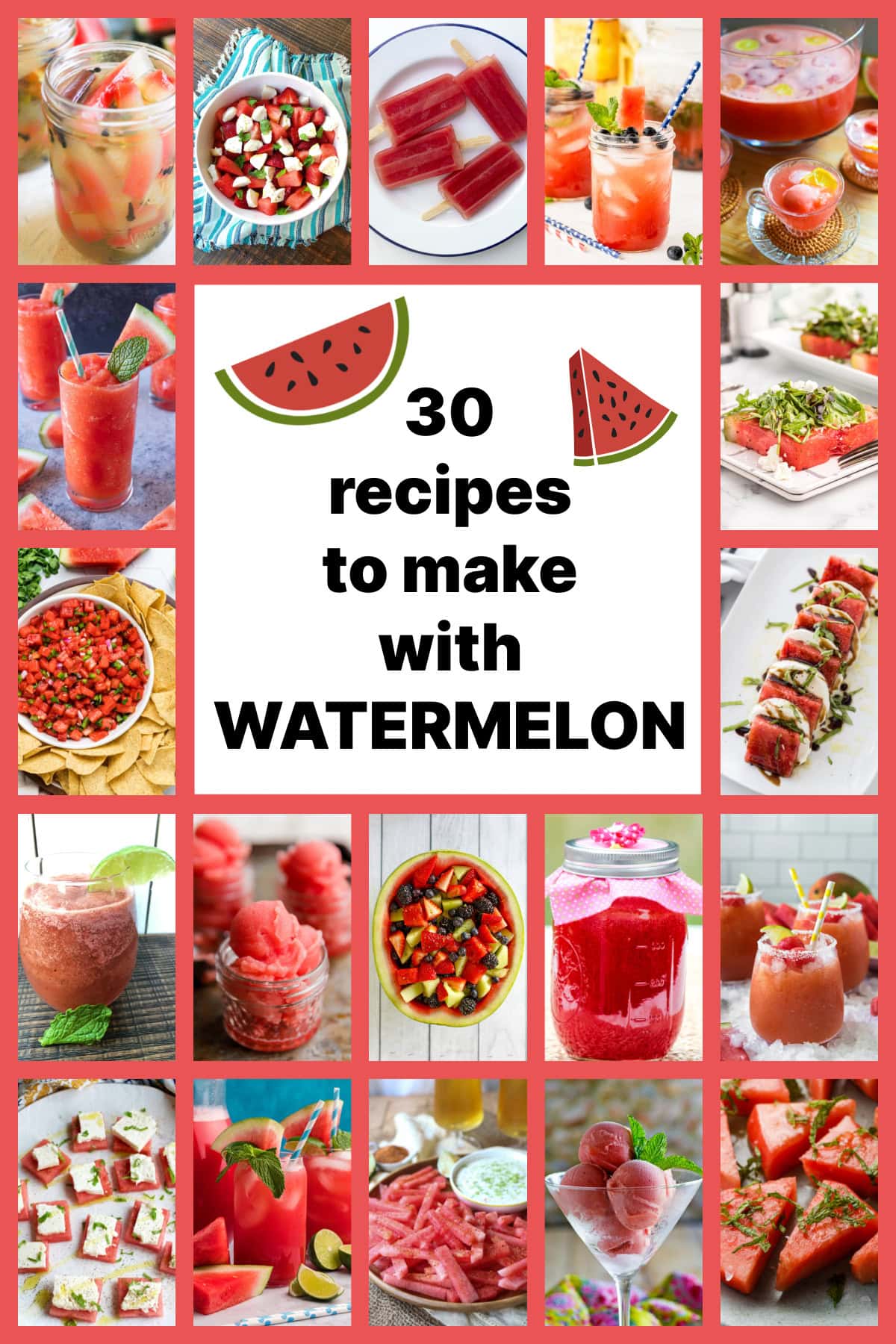 Looking for the best watermelon recipes? 🍉 This collection includes 30 easy watermelon recipes featuring refreshing salads, kid-friendly drinks, frozen treats, summer cocktails, appetizers and creative desserts. Perfect for BBQs, pool parties, picnics and hot summer days! Save this roundup for watermelon season! #watermelon #summerrecipes #watermelonsalad #summerdrinks #bbqrecipes #dessertrecipes #fruitrecipes watermelon recipes collage