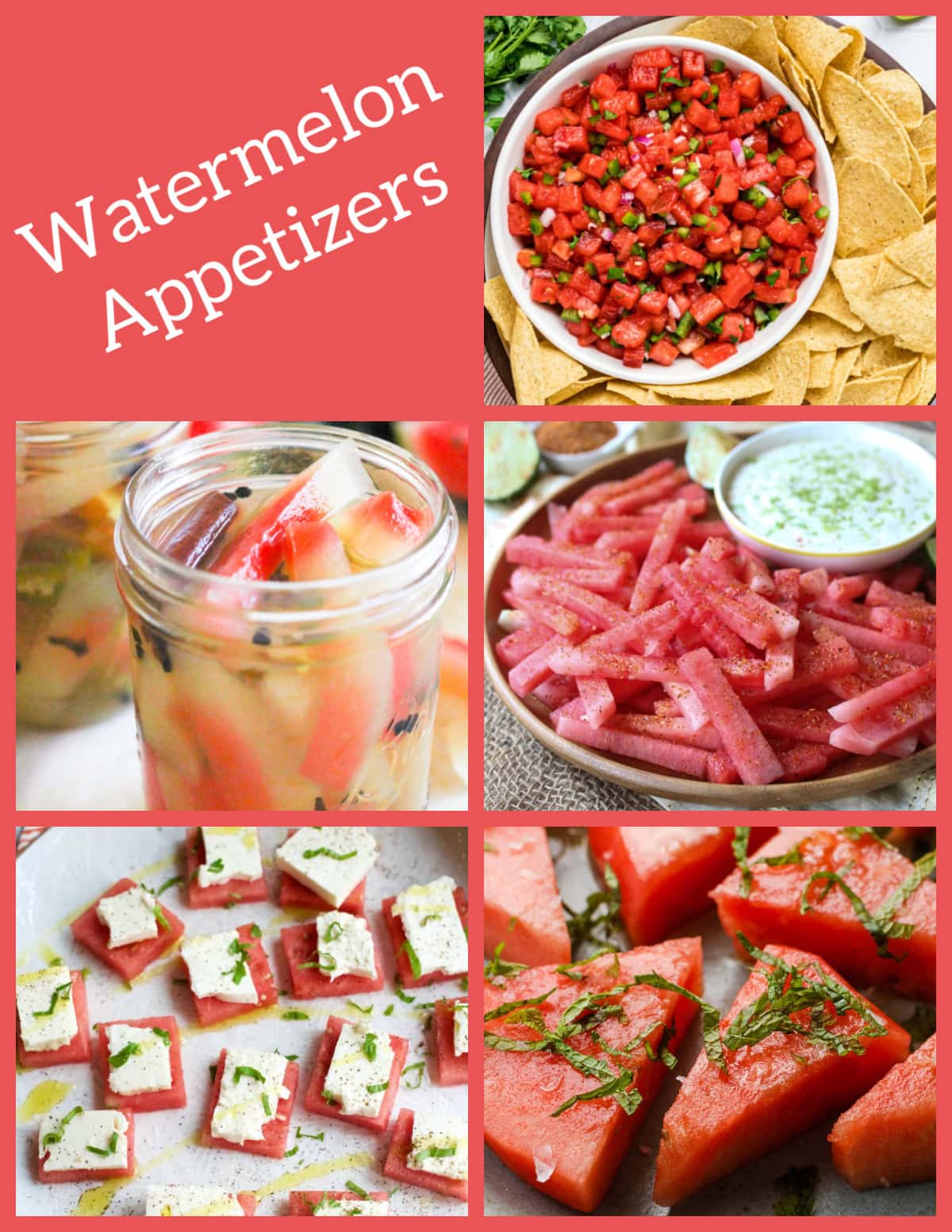 Looking for the best watermelon recipes? 🍉 This collection includes 30 easy watermelon recipes featuring refreshing salads, kid-friendly drinks, frozen treats, summer cocktails, appetizers and creative desserts. Perfect for BBQs, pool parties, picnics and hot summer days! Save this roundup for watermelon season! #watermelon #summerrecipes #watermelonsalad #summerdrinks #bbqrecipes #dessertrecipes #fruitrecipes collage of watermelon appetizers