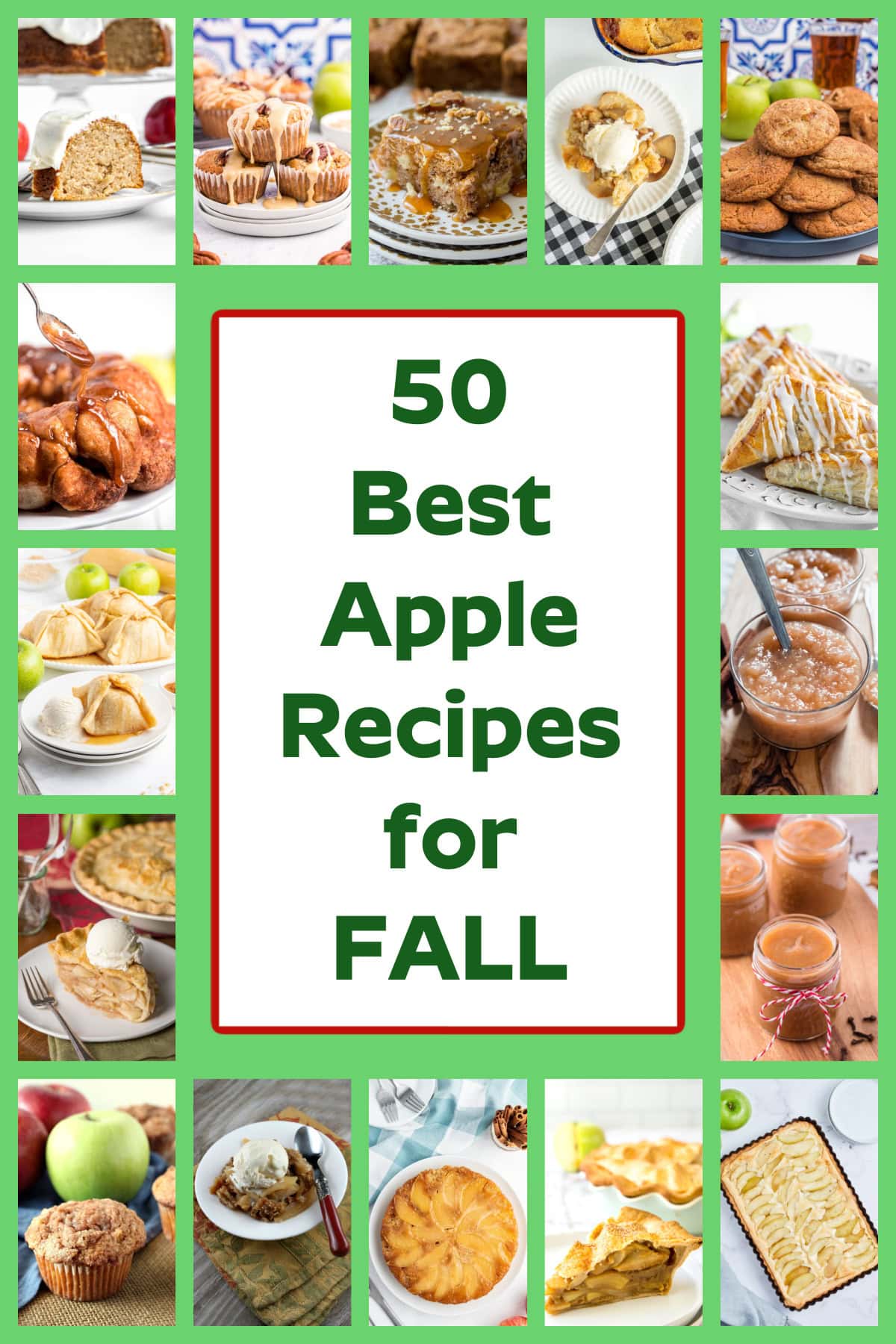The 50 best apple recipes for fall! 🍎 Find delicious ways to use fresh apples with easy apple breads, muffins, cakes, pies, crisps, cobblers, breakfast recipes and desserts. Perfect for apple picking season, fall baking, Thanksgiving and anytime you have a big bag of apples to use. Save this collection of easy apple recipes for fall! 50 best apple recipes for fall collage