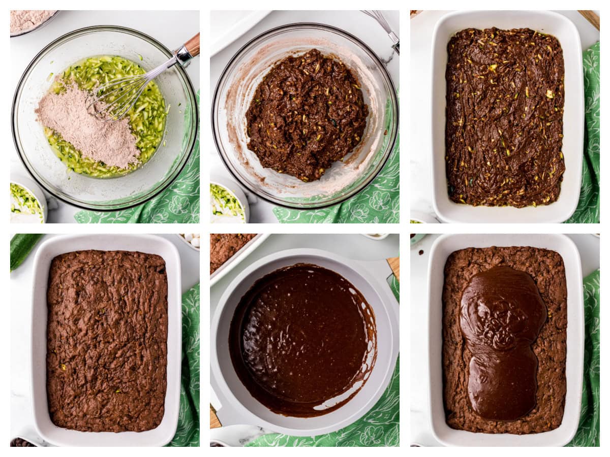 This Chocolate Zucchini Cake is unbelievably moist and rich with chocolate flavor! 🍫 Fresh zucchini keeps the cake soft and tender, while an old-fashioned chocolate marshmallow frosting makes every bite irresistible. Save this easy summer baking recipe! #zucchinicake #chocolatecake #zucchinirecipes #summerbaking #dessertrecipes six photos showing how to make chocolate zucchini cake