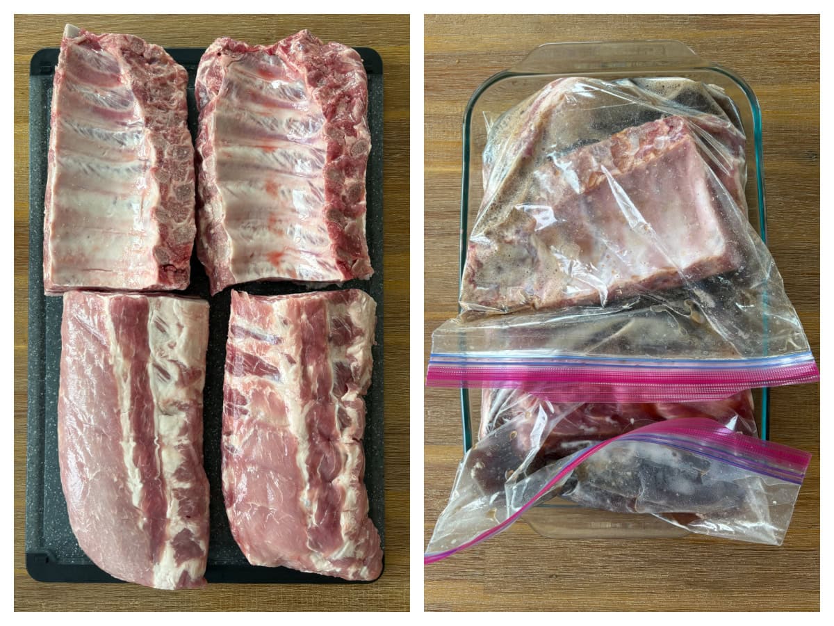 These Dr. Pepper Ribs are fall-apart tender and loaded with flavor! Baby back ribs are marinated in Dr. Pepper, baked until tender and finished on the grill with a sticky homemade Dr. Pepper BBQ sauce. An easy rib recipe for summer cookouts, Father's Day and backyard BBQs. two photos showing ribs and then marinating