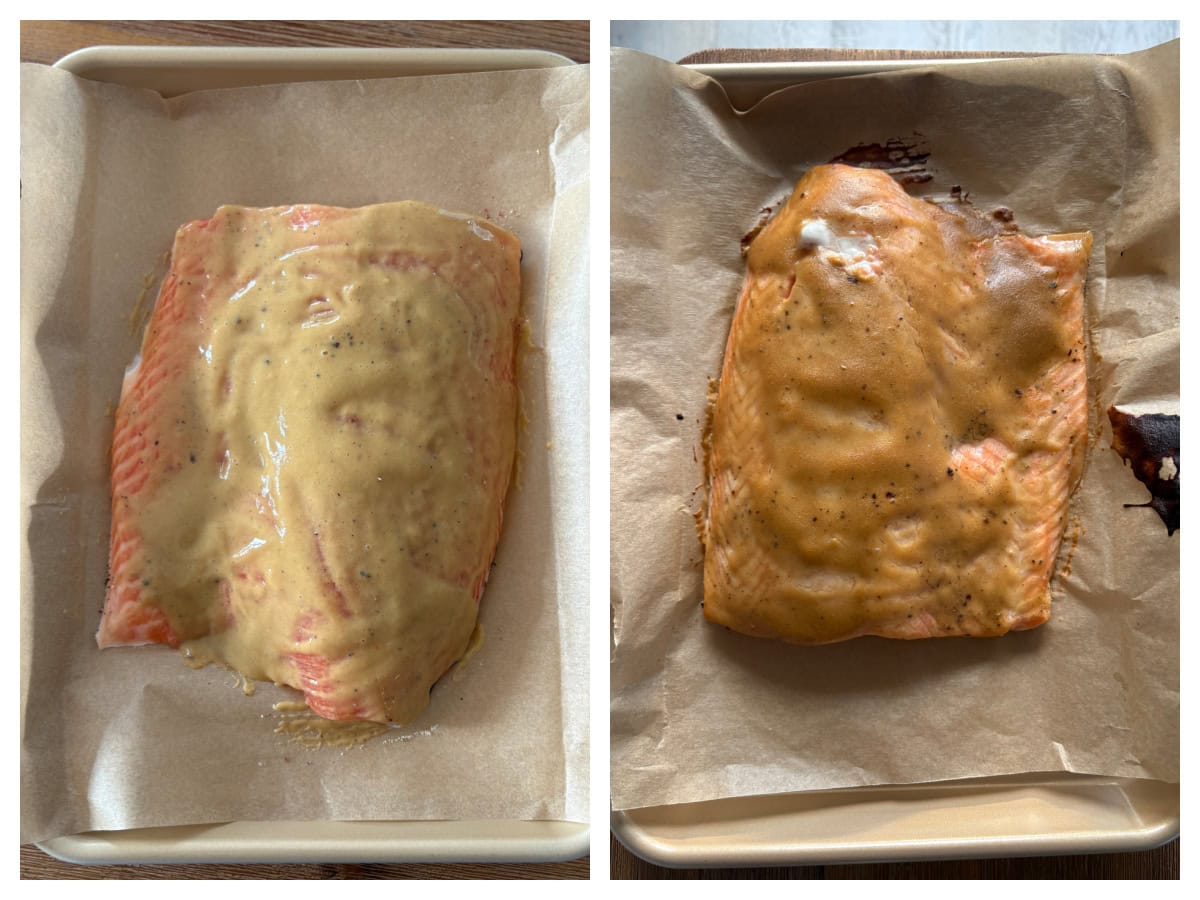 This Maple Mustard Salmon is one of the easiest salmon dinners you'll ever make! 🍁 Made with Dijon mustard, pure maple syrup and garlic, it's sweet, savory, flaky and perfect for busy weeknights or entertaining. Save this easy baked salmon recipe! #salmon #salmonrecipe #healthydinner #weeknightdinner #seafood maple mustard salmon before and after cooking in oven