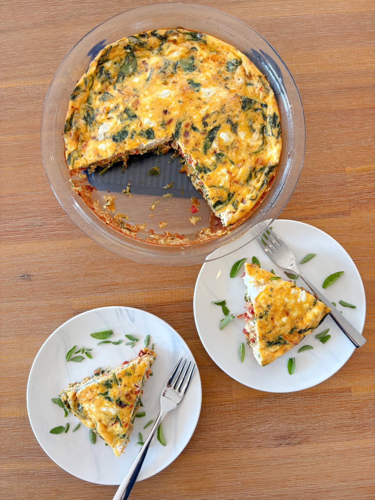 marry me quiche with slices taken out and then two slices on plates