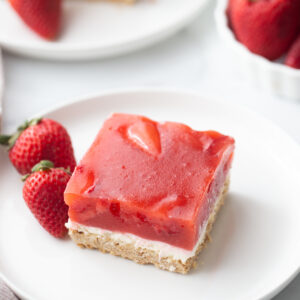 strawberry pretzel salad piece on plate