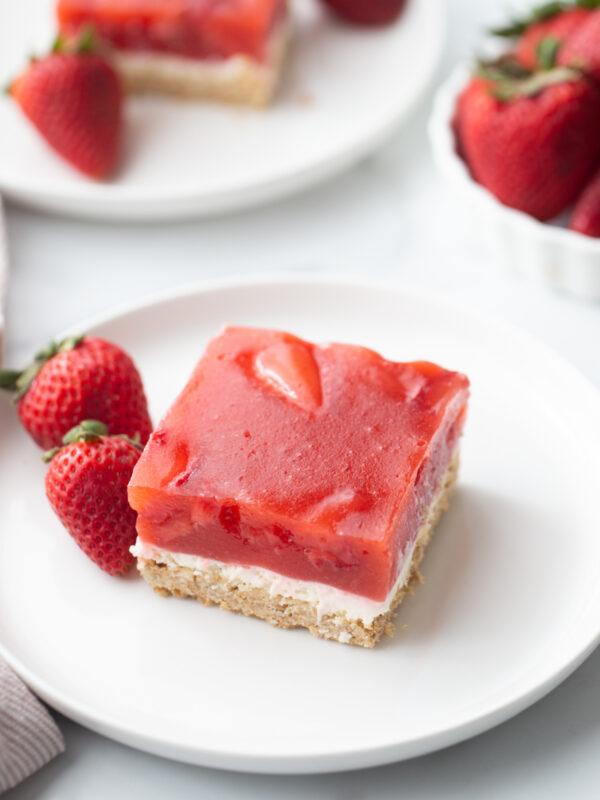 strawberry pretzel salad piece on plate