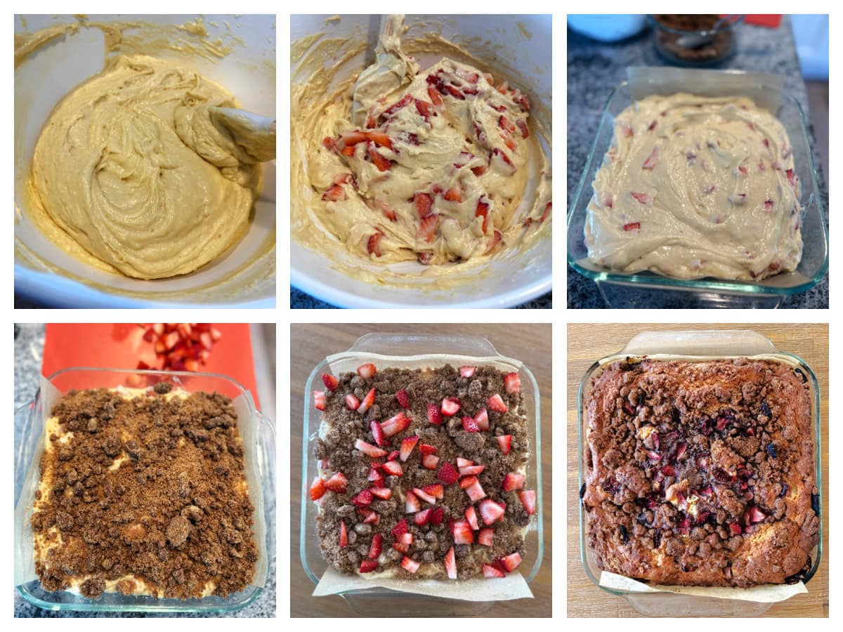 six photos showing making strawberry coffee cake