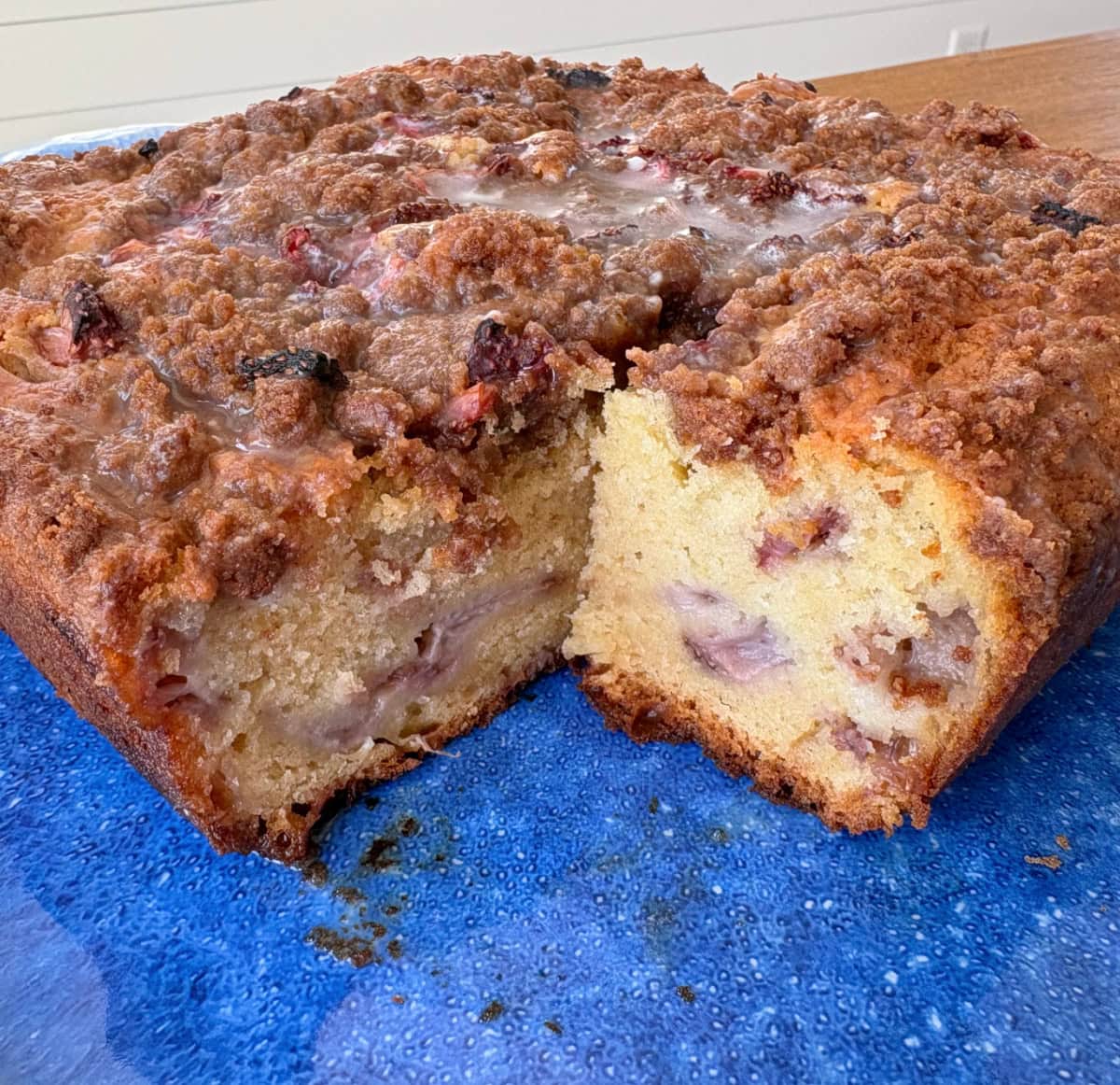 strawberry coffee cake sliced open to see inside