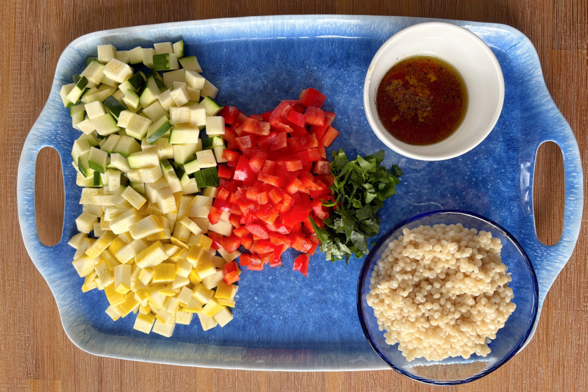 ingredients displayed for making summer couscous salad
