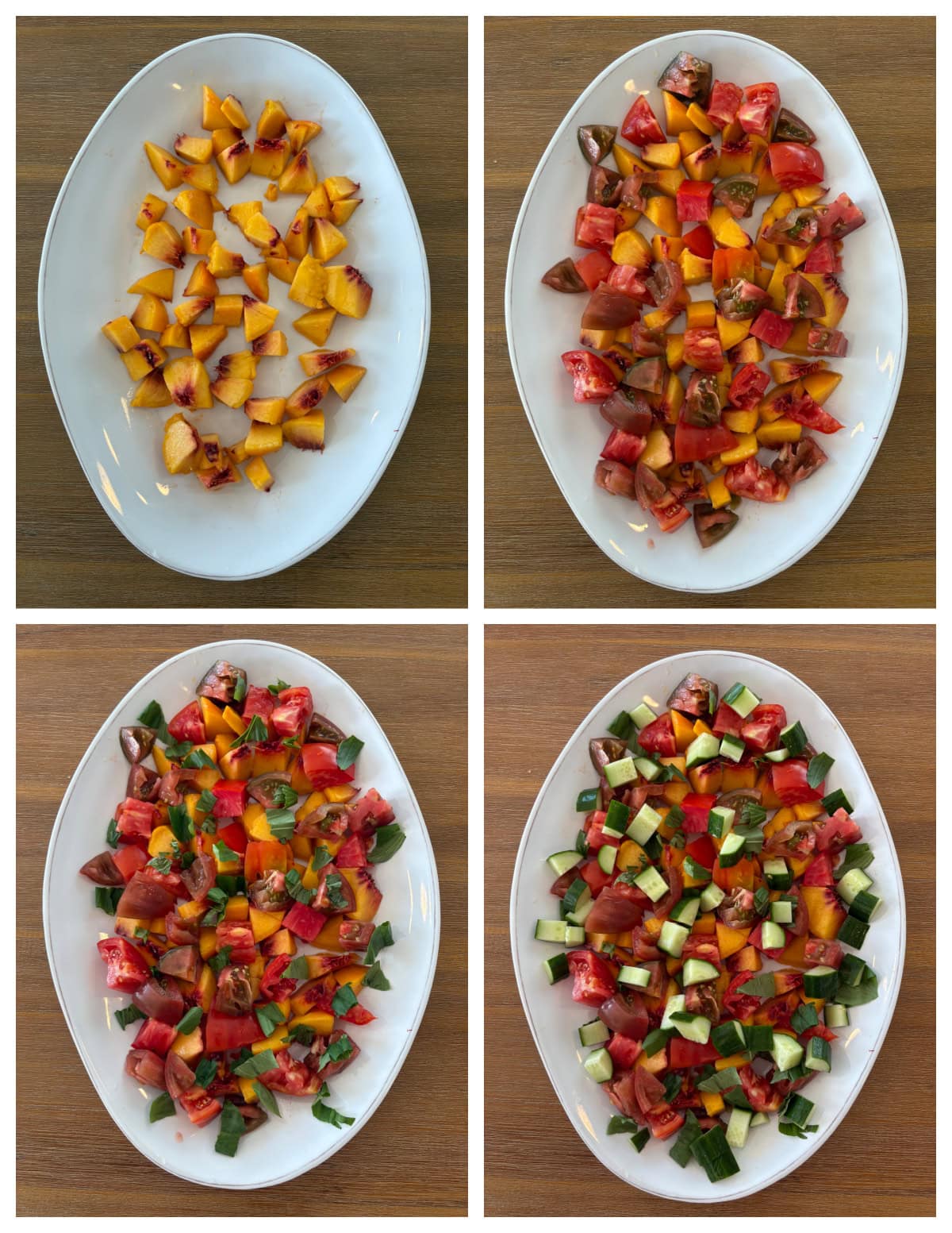 four photos showing how to assemble summer salad