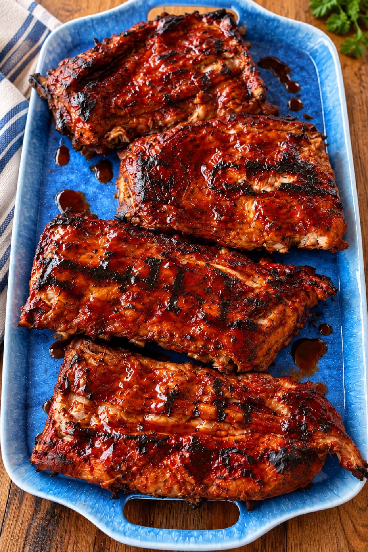 Dr Pepper Ribs on a blue platter