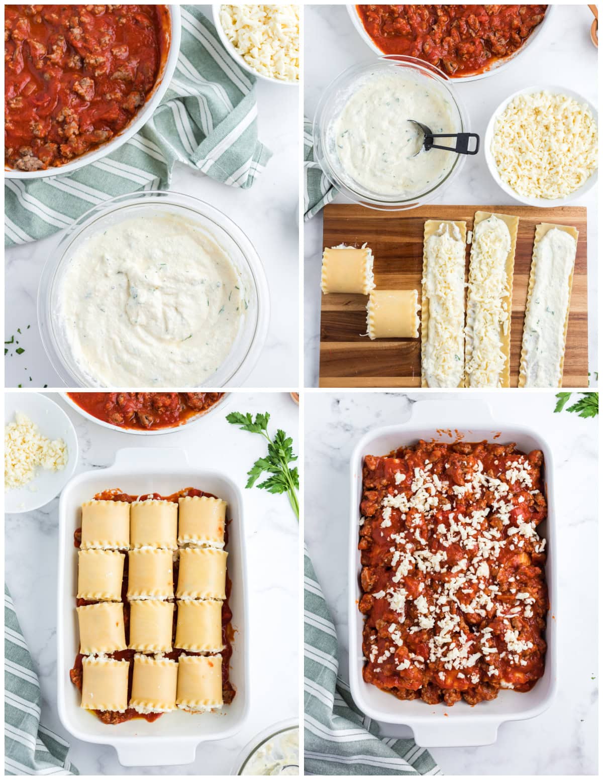 These easy Italian Sausage Lasagna Roll Ups are filled with ricotta, Parmesan and mozzarella, rolled up and baked in a hearty Italian sausage marinara sauce. A cheesy, comforting family dinner that's easy to make ahead and freezer-friendly, too! Save this easy lasagna recipe for weeknight dinners, Sunday supper or entertaining. four photos showing how to make Italian Sausage Lasagna Roll Ups