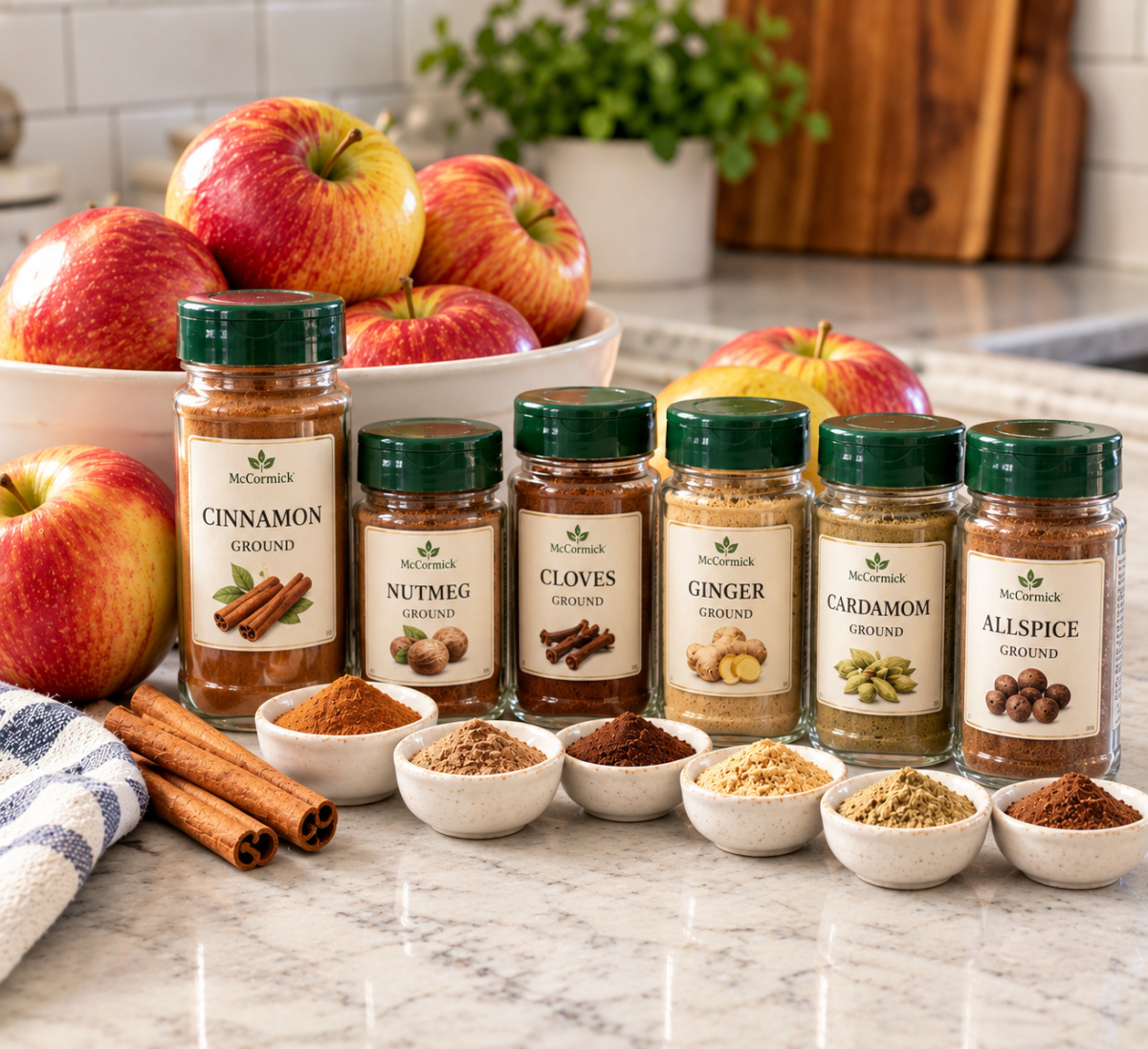Looking for the best apple breakfast recipes for fall? This collection is filled with cozy favorites, including apple muffins, pancakes, waffles, French toast, cinnamon rolls, scones, oatmeal and quick breads. Save these easy apple breakfast ideas for weekend brunch, holiday mornings and all of apple season! spices lined up for apple baking