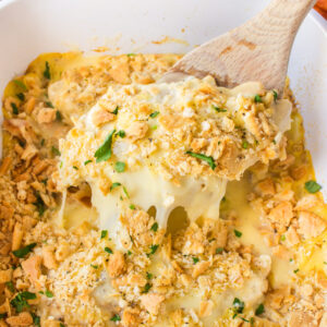 swiss cheese chicken in casserole dish with spoon taking out cheesy serving