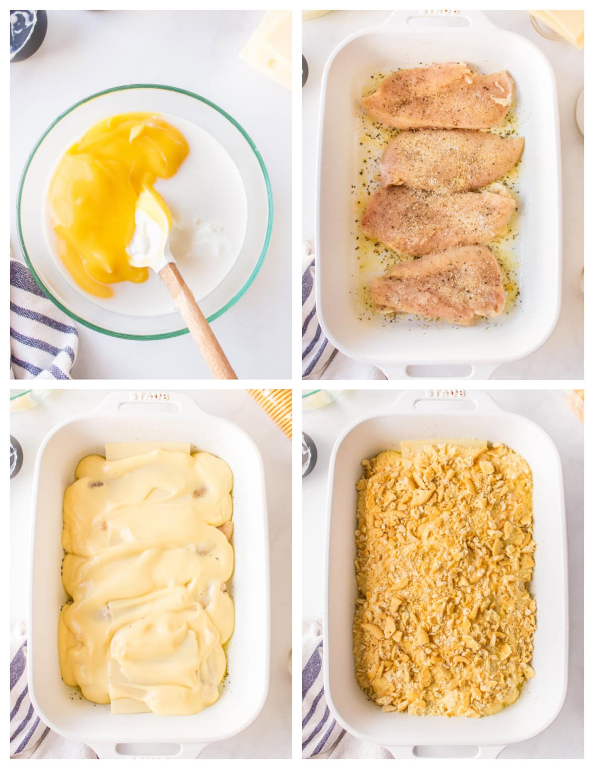 This easy Swiss Cheese Chicken recipe is the perfect comfort-food dinner! Chicken breasts are topped with Swiss cheese, a creamy sauce and buttery Ritz cracker crumbs, then baked until tender and golden. An easy 45-minute chicken dinner that's great for busy weeknights. four photos showing how to make swiss cheese chicken