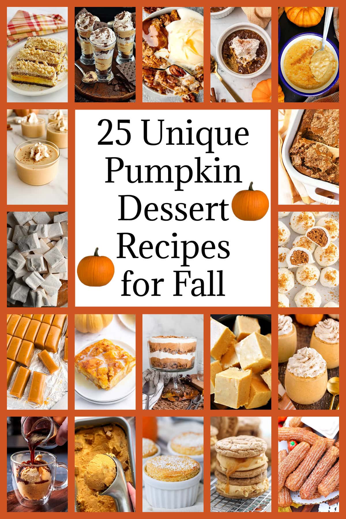 Looking for pumpkin desserts besides pie? These 25 unique pumpkin dessert recipes include pumpkin fudge, tiramisu, trifle, ice cream, bread pudding, mousse, milkshakes and more! Fun and delicious fall desserts for Halloween parties, Thanksgiving and pumpkin season. 25 unique pumpkin dessert recipes collage