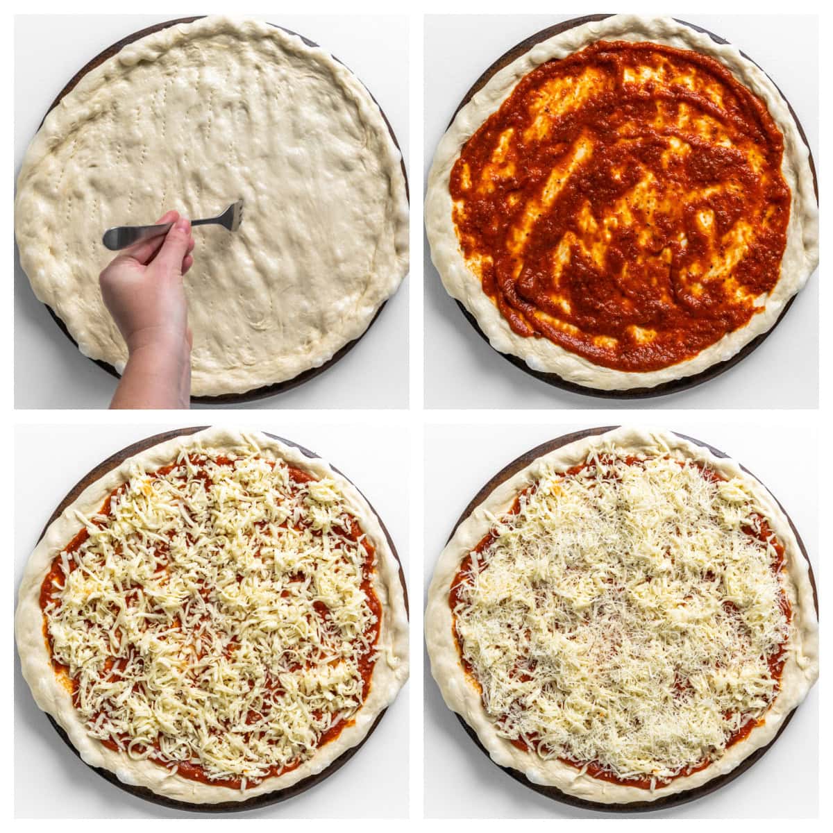 four photos showing how to make cheese pizza