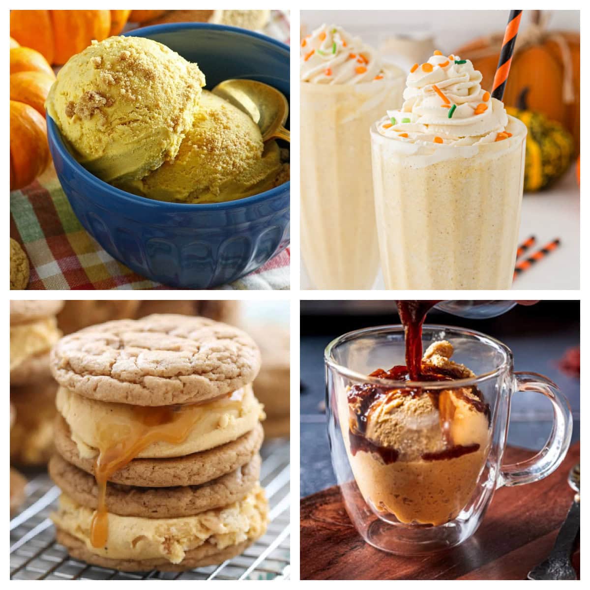 Looking for pumpkin desserts besides pie? These 25 unique pumpkin dessert recipes include pumpkin fudge, tiramisu, trifle, ice cream, bread pudding, mousse, milkshakes and more! Fun and delicious fall desserts for Halloween parties, Thanksgiving and pumpkin season. Frozen Pumpkin Dessert Recipes collage