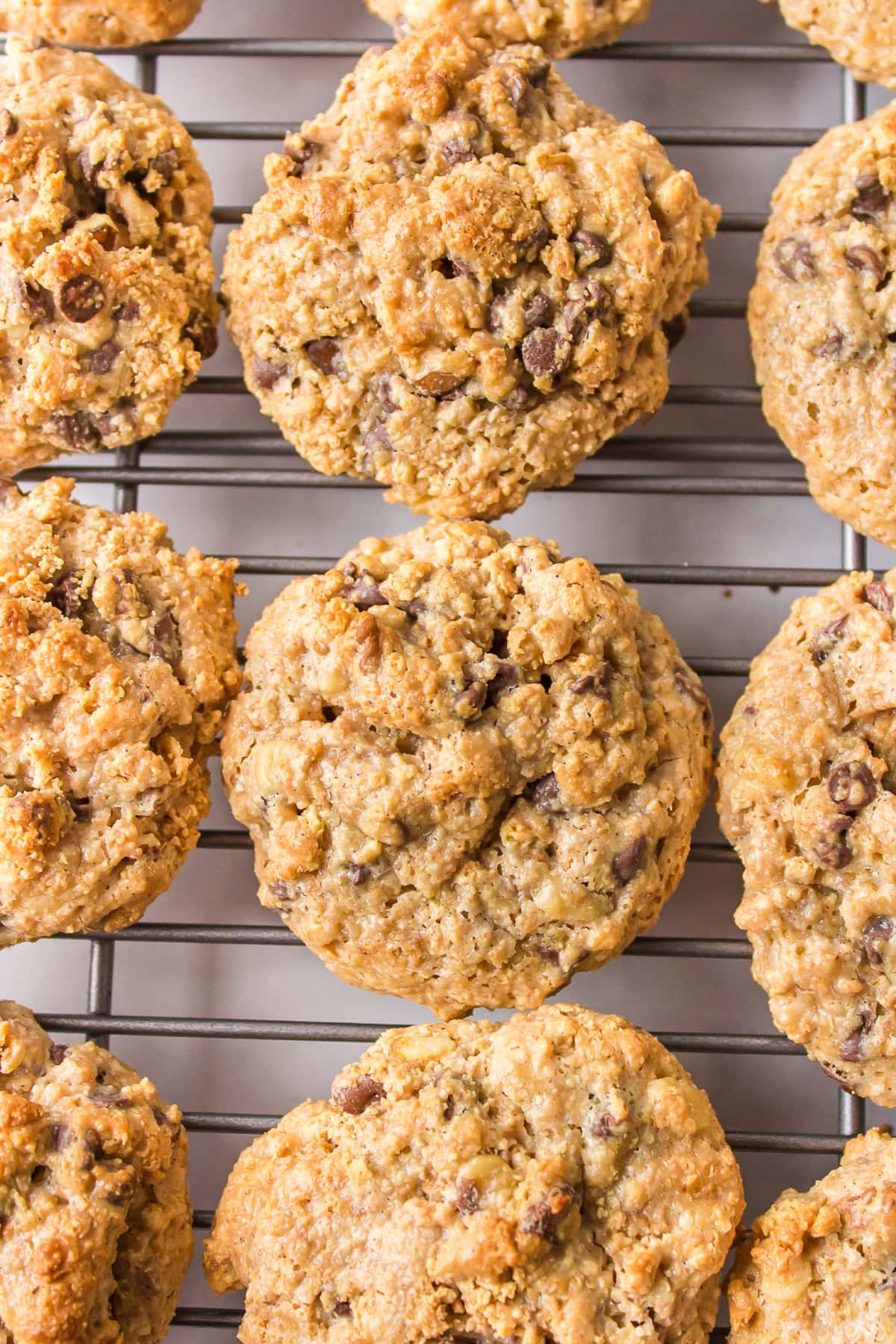 graham cracker chocolate chip cookies on a cooling rack
