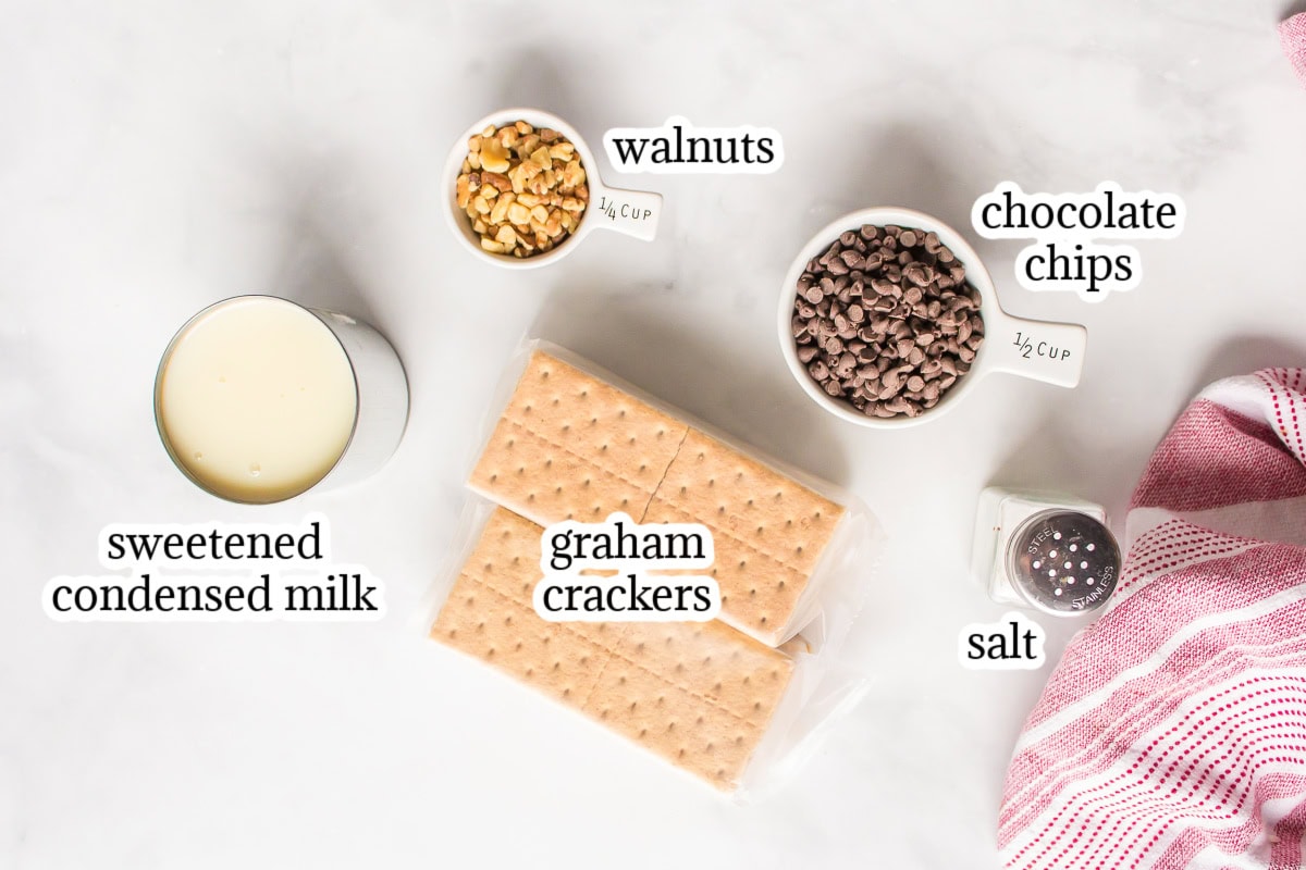 ingredients displayed for making graham cracker chocolate chip cookies