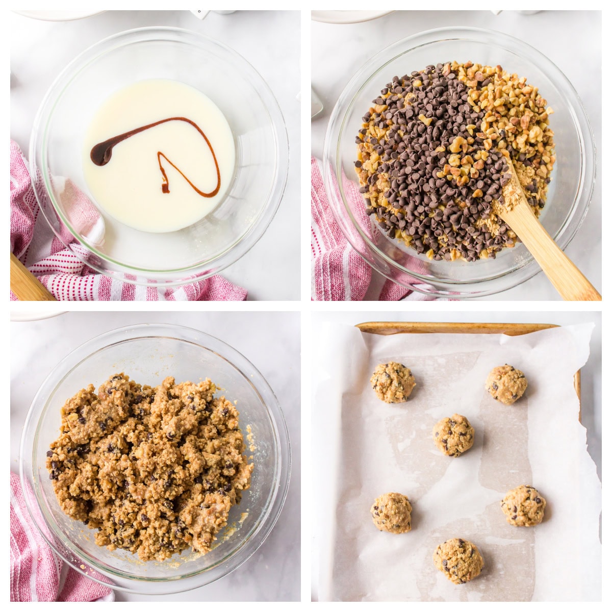 four photos showing how to make graham cracker chocolate chip cookies