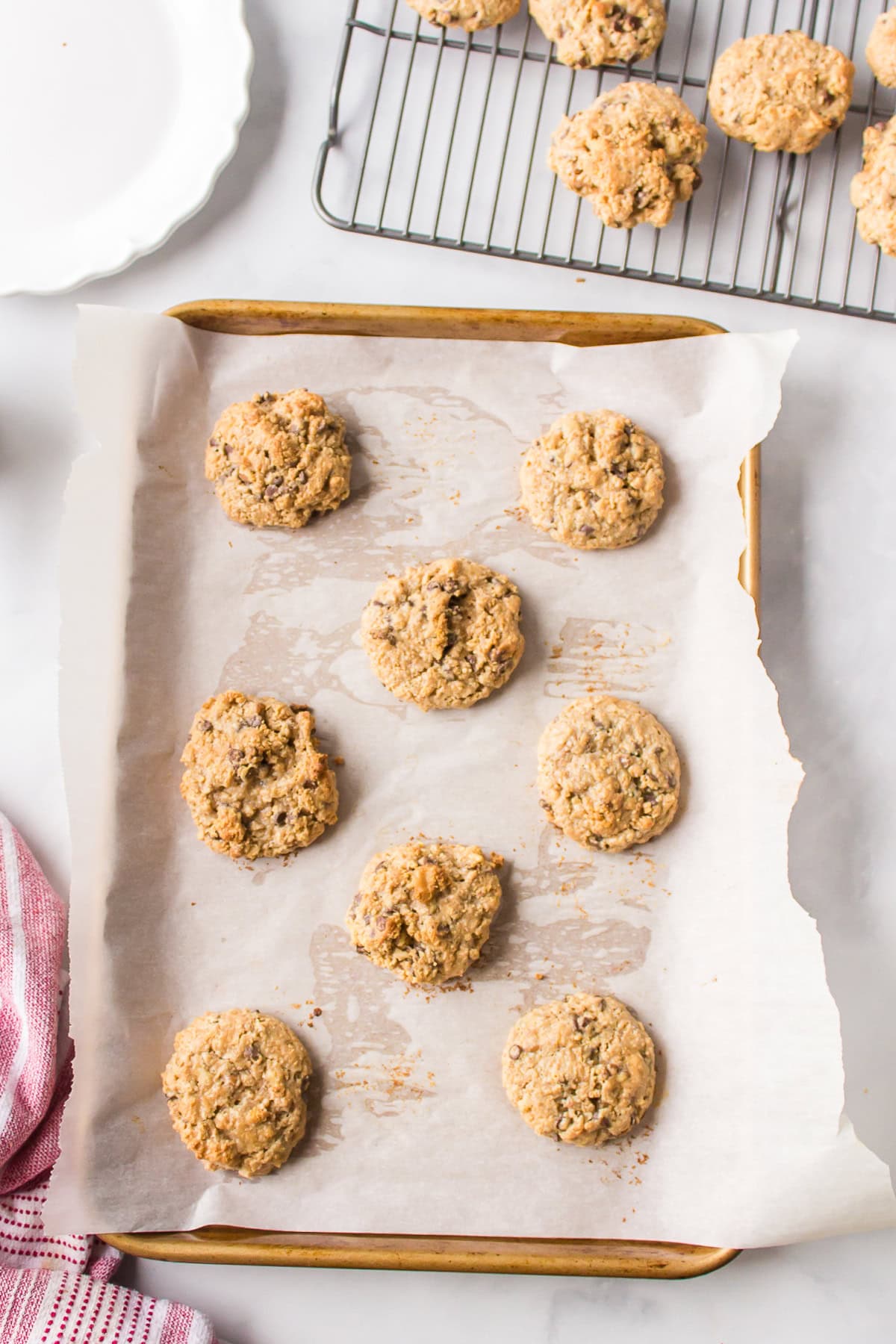 graham cracker chocolate chip cookies on a baking sheet