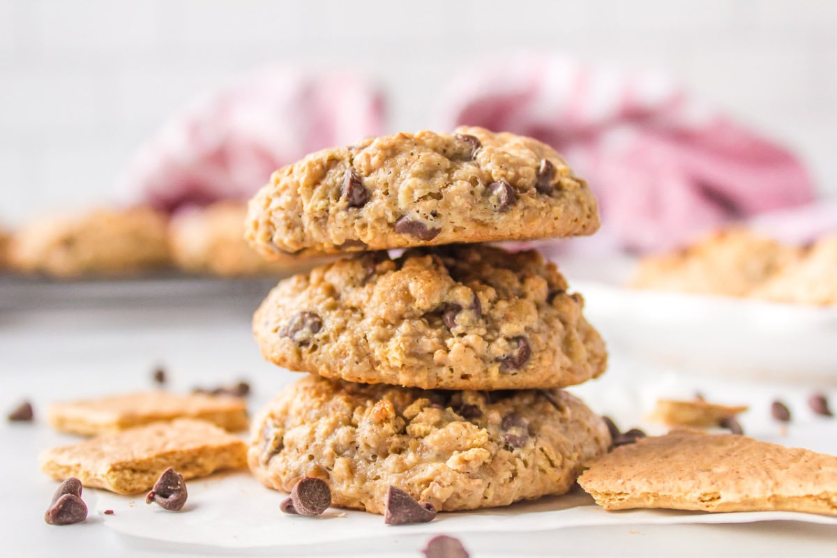 graham cracker chocolate chip cookies stacked three high