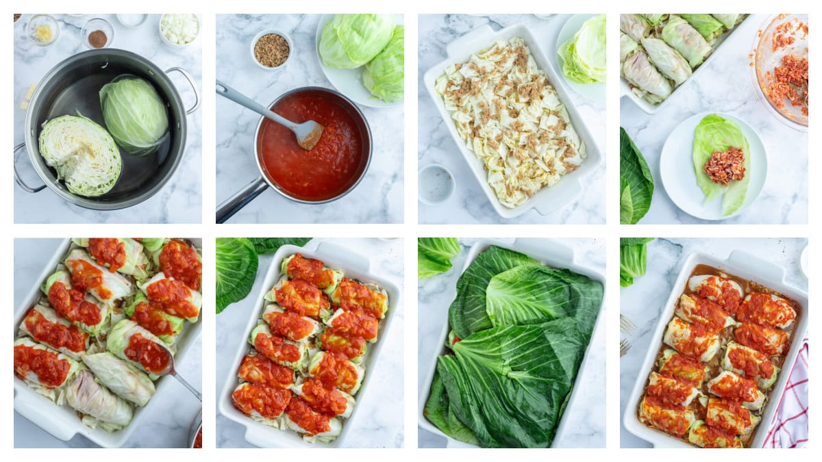 These homemade Polish Cabbage Rolls (Golabki) are the ultimate comfort food! Tender Savoy cabbage leaves are filled with ground beef, rice and seasoned tomato sauce, then baked until tender. Serve with sour cream and applesauce for a delicious old-fashioned family dinner. Save this recipe for a cozy weekend meal! four photos showing how to make polish cabbage rolls