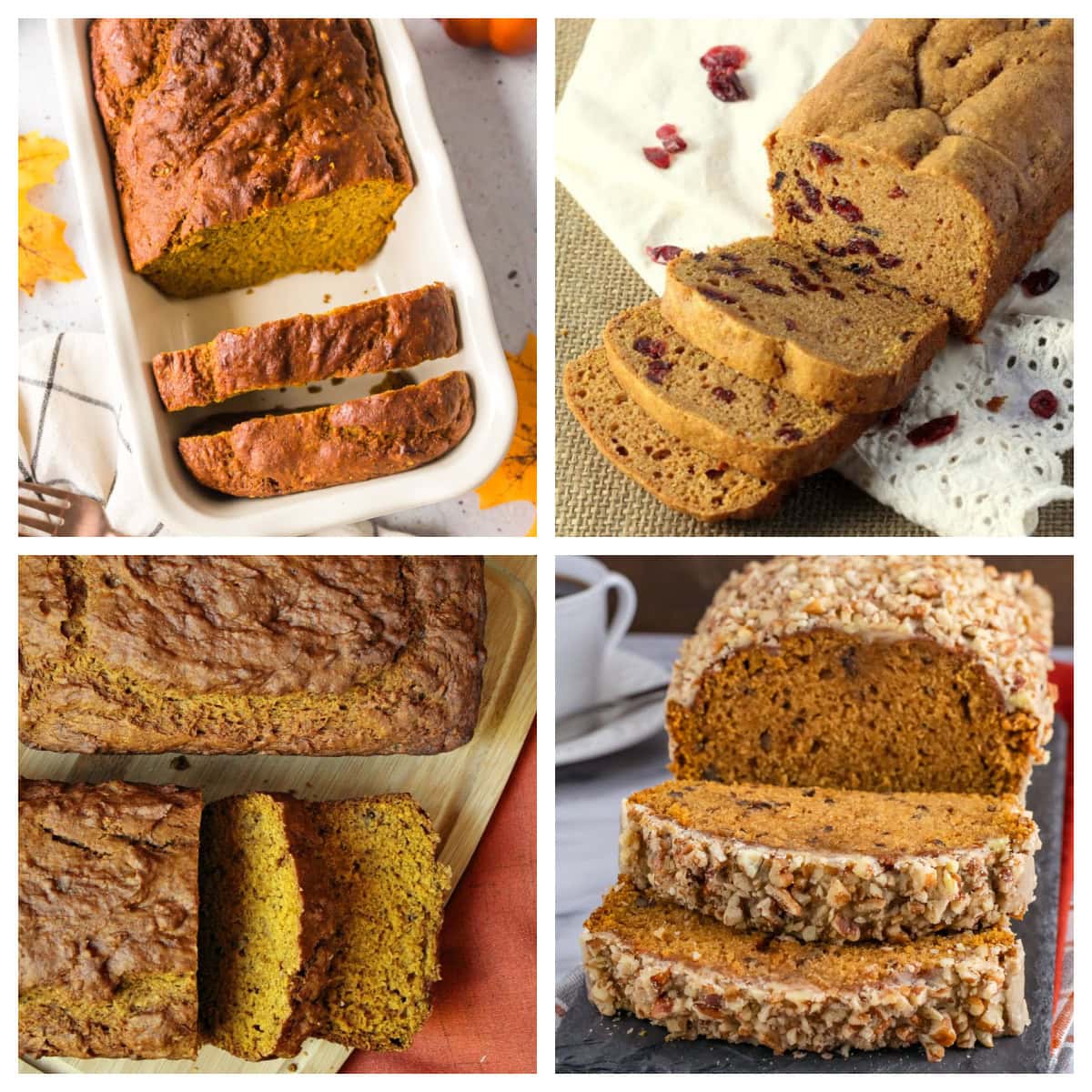 collage of pumpkin bread with fruit and nuts