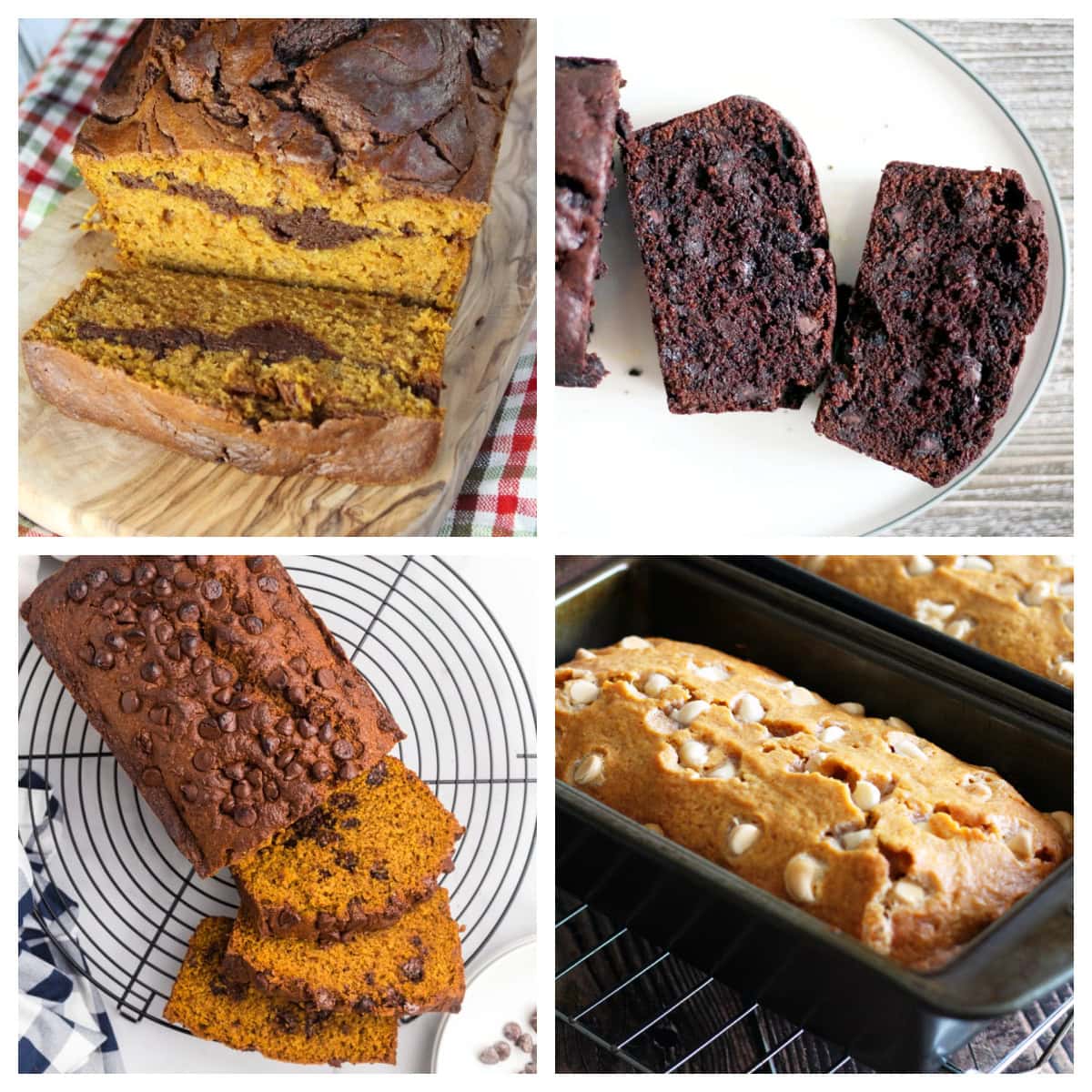collage of pumpkin breads with chocolate