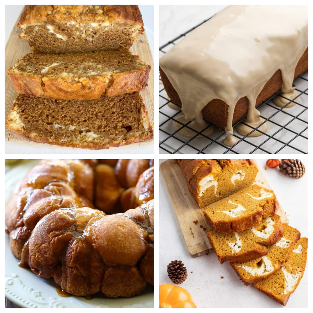 pumpkin breads with cream cheese collage