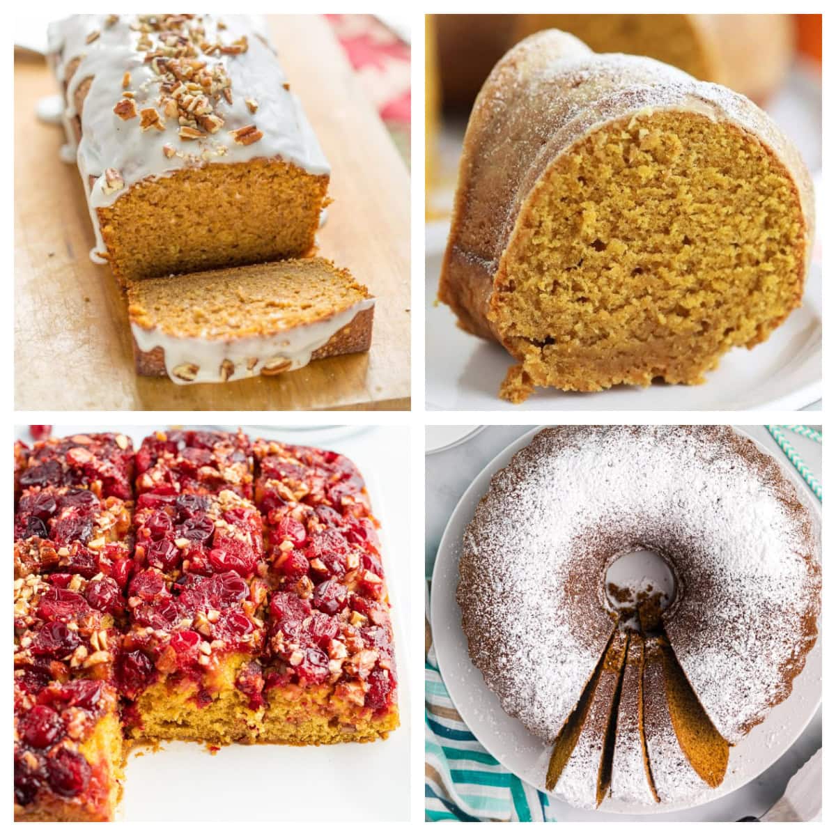 collage of pumpkin bundt cakes and loaf cakes