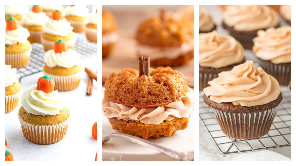 collage of pumpkin cupcakes and mini cakes