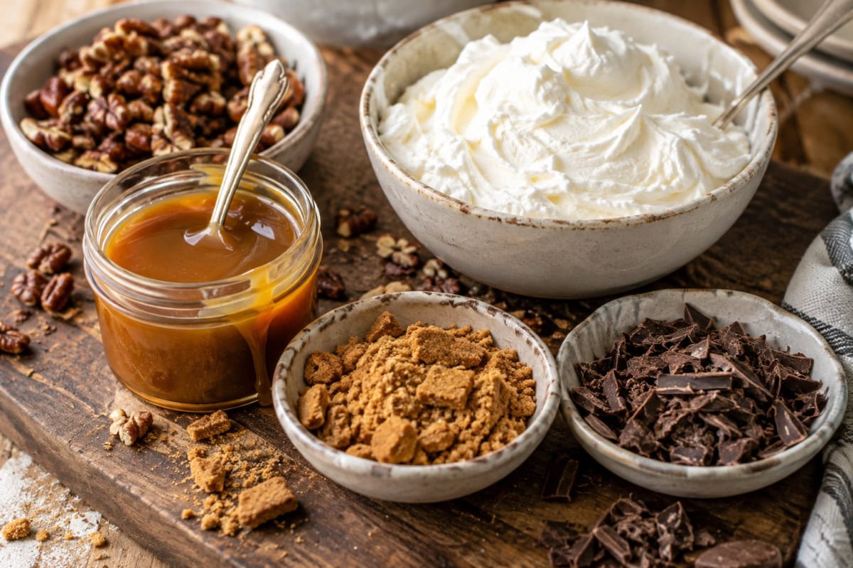 Looking for pumpkin desserts besides pie? These 25 unique pumpkin dessert recipes include pumpkin fudge, tiramisu, trifle, ice cream, bread pudding, mousse, milkshakes and more! Fun and delicious fall desserts for Halloween parties, Thanksgiving and pumpkin season. pumpkin dessert toppings displayed
