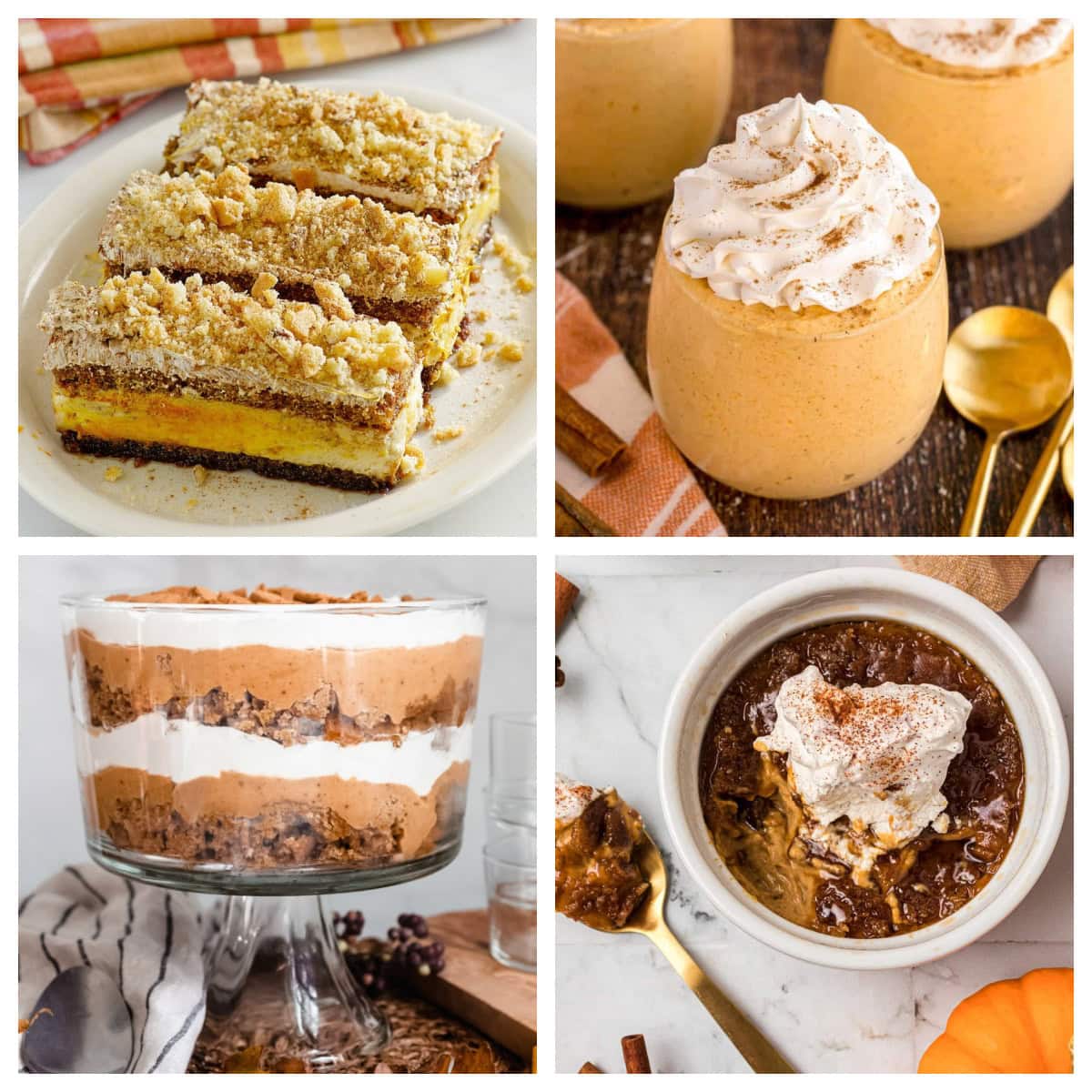 Looking for pumpkin desserts besides pie? These 25 unique pumpkin dessert recipes include pumpkin fudge, tiramisu, trifle, ice cream, bread pudding, mousse, milkshakes and more! Fun and delicious fall desserts for Halloween parties, Thanksgiving and pumpkin season. collage of pumpkin puddings and more